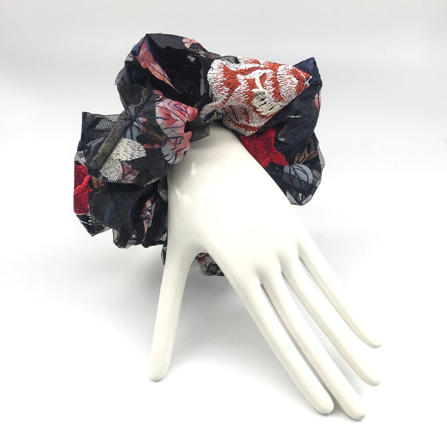 Floral Scrunchies, 3D Embroidered, Gorgeous Daily Party Bar Wear, Pretty Ponytail Bun Holders, Stylish Hair Accessories in Dark Multi-Color