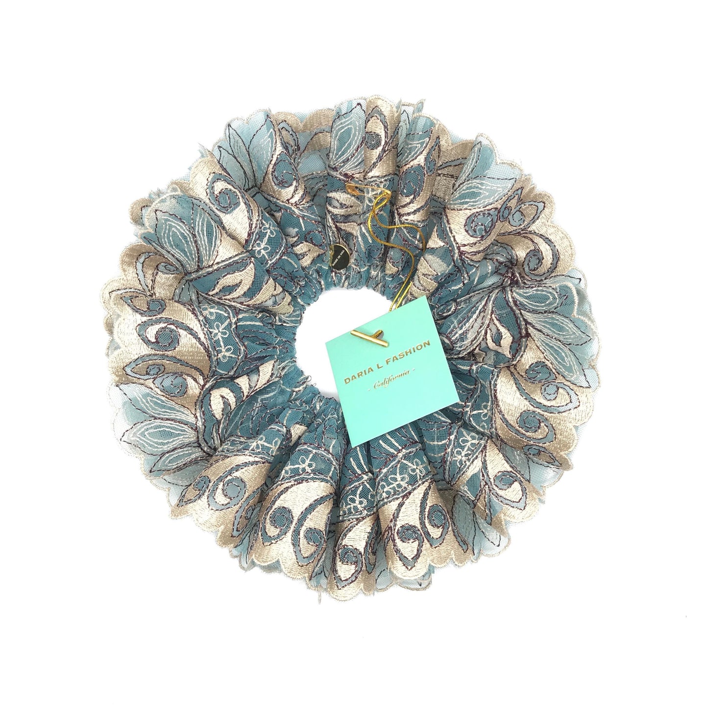 Luxurious Embroidered Scrunchies, Elegant Hair Accessories, Stylish Hair Ties, Formal Wear, Creative Ponytails Holders in Turquoise Color