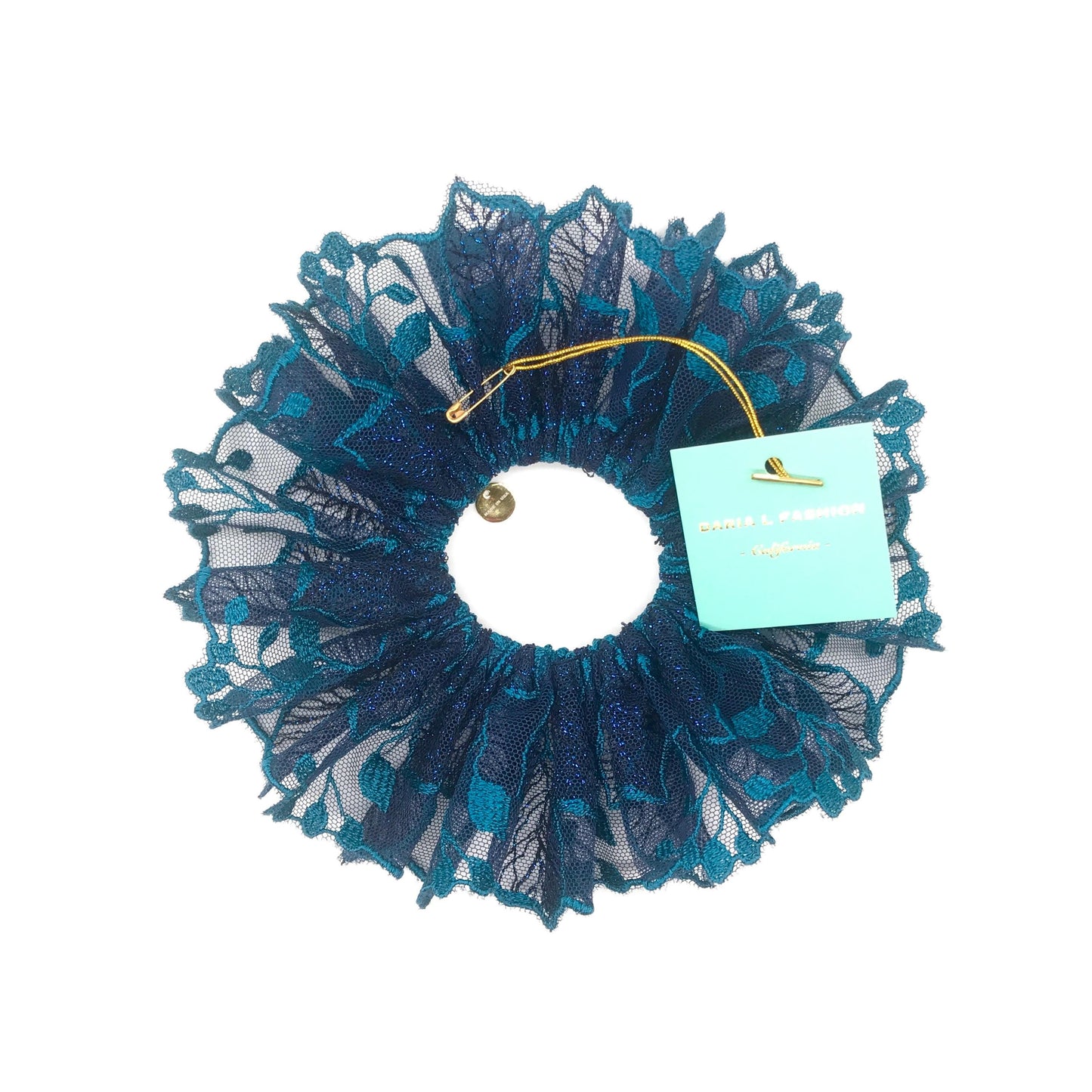 Luxurious Embroidered Scrunchies, Feminine, Elegant Hair Accessories, Stylish Hair Ties, Creative Ponytail Holders in Blue Turquoise Color