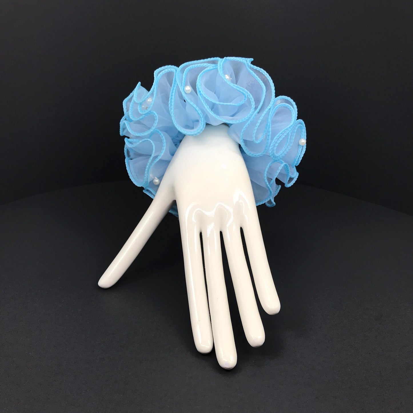 Unique Scrunchies Wavy Edge Artificial Pearls Attached Multilayer Pretty Ponytail Holders Fancy Hair Ties Stylish Hair Accessories in Blue