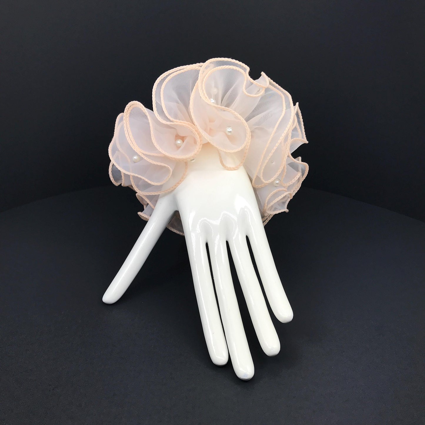 Unique Scrunchies Wavy Edge Artificial Pearls Attached Multilayer Pretty Ponytail Holder Fancy Hair Ties Stylish Hair Accessories in Apricot