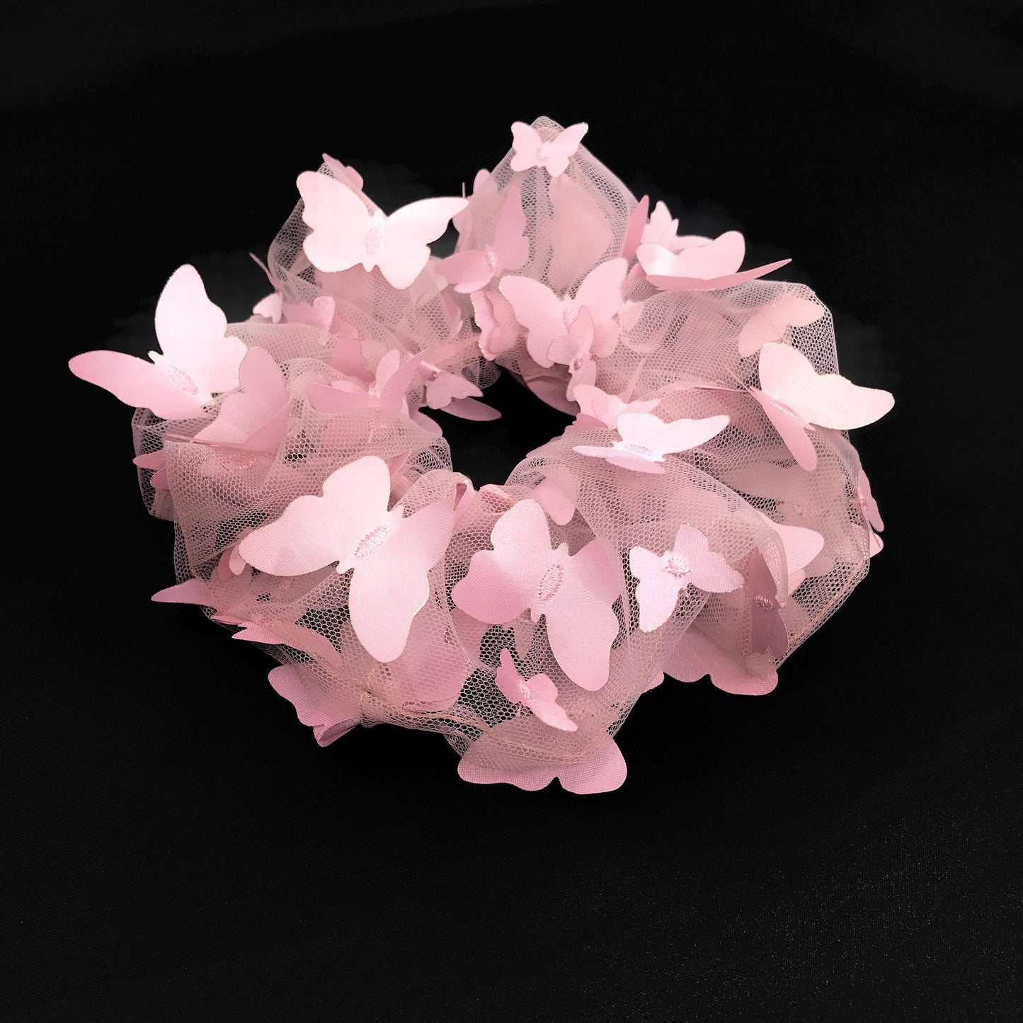 3D Butterfly Tulle Scrunchies Unique Hair Accessories Stylish Hair Tie Creative Ponytail Holder in Pastel Pink Golden Edge Butterfly Pattern