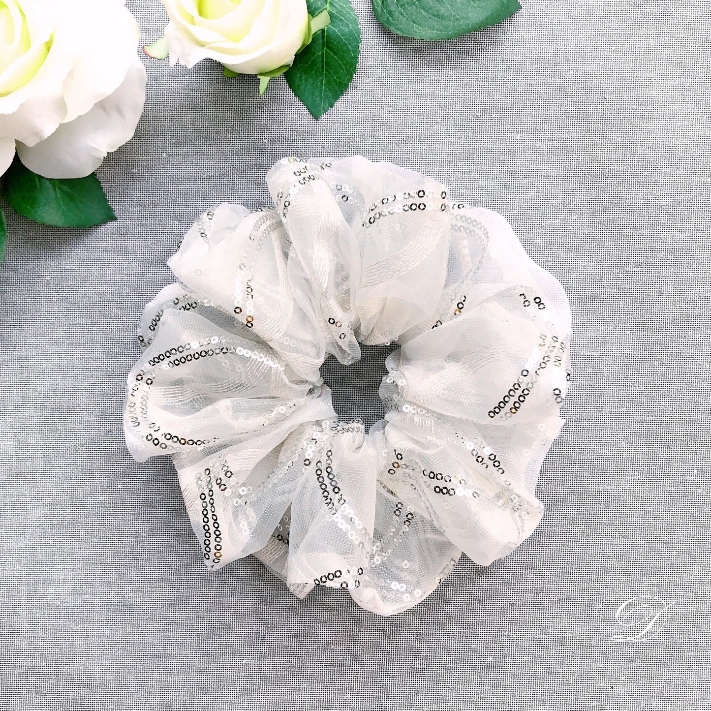 Crystal Scrunchies, Embroidered Fabric With Glitter, Ponytail Holders, Bun Holders, Unique Scrunchies, White, Gift For Women, Gift For Girl