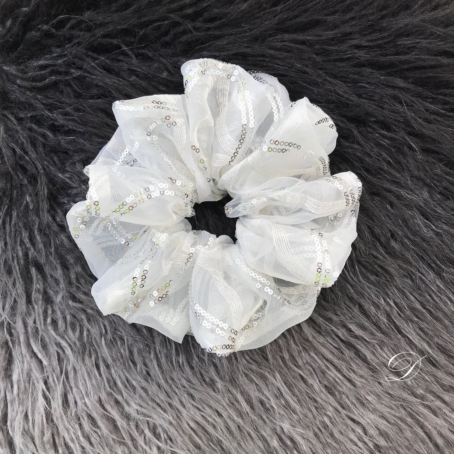Crystal Scrunchies, Embroidered Fabric With Glitter, Ponytail Holders, Bun Holders, Unique Scrunchies, White, Gift For Women, Gift For Girl