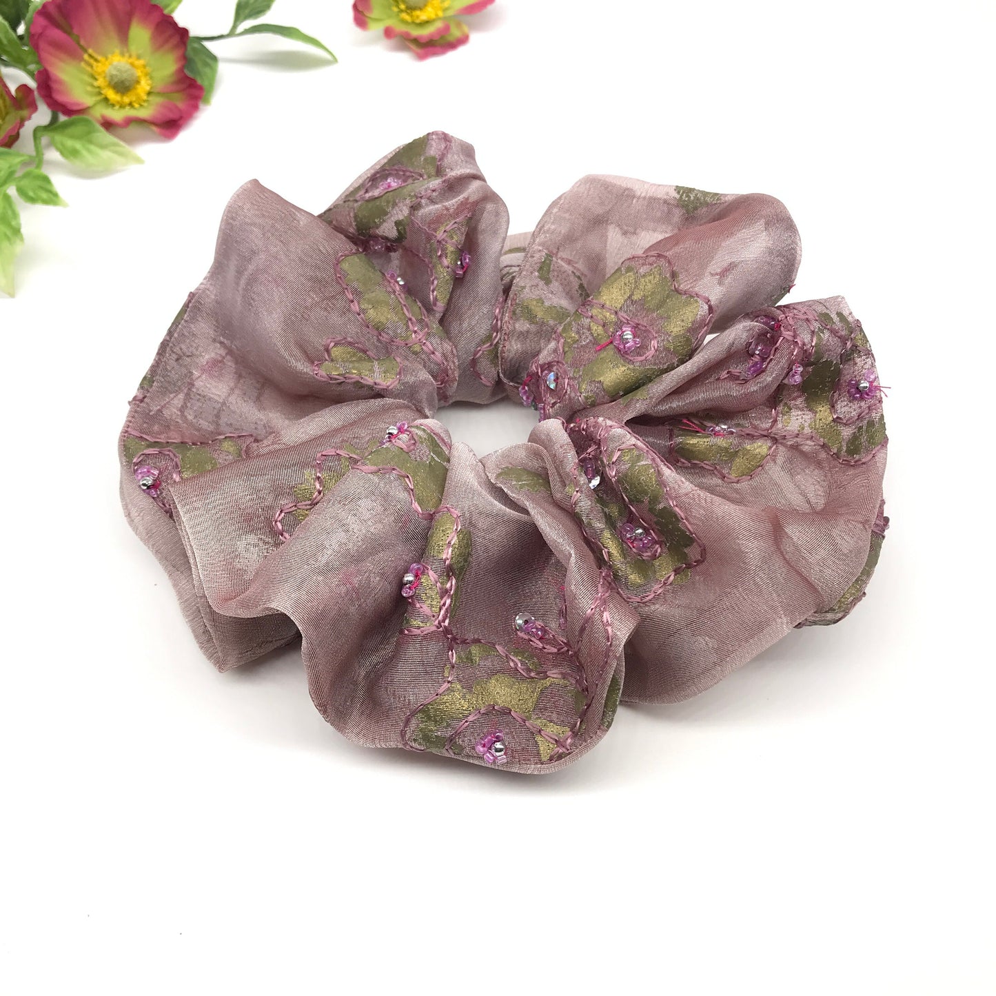 Crystal Scrunchies, Embroidered Fabric With Glitter And Beads, Ponytail Holders, Bun Holders, Rosy-brown, Gift For Her, Gift For Girl