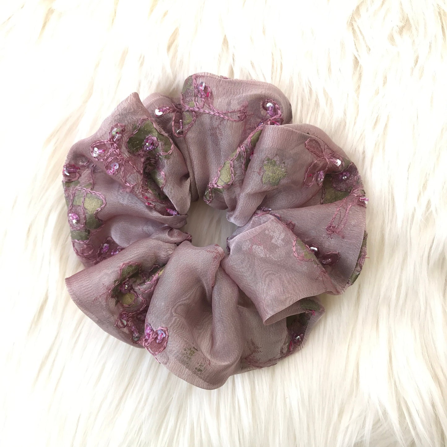 Crystal Scrunchies, Embroidered Fabric With Glitter And Beads, Ponytail Holders, Bun Holders, Rosy-brown, Gift For Her, Gift For Girl