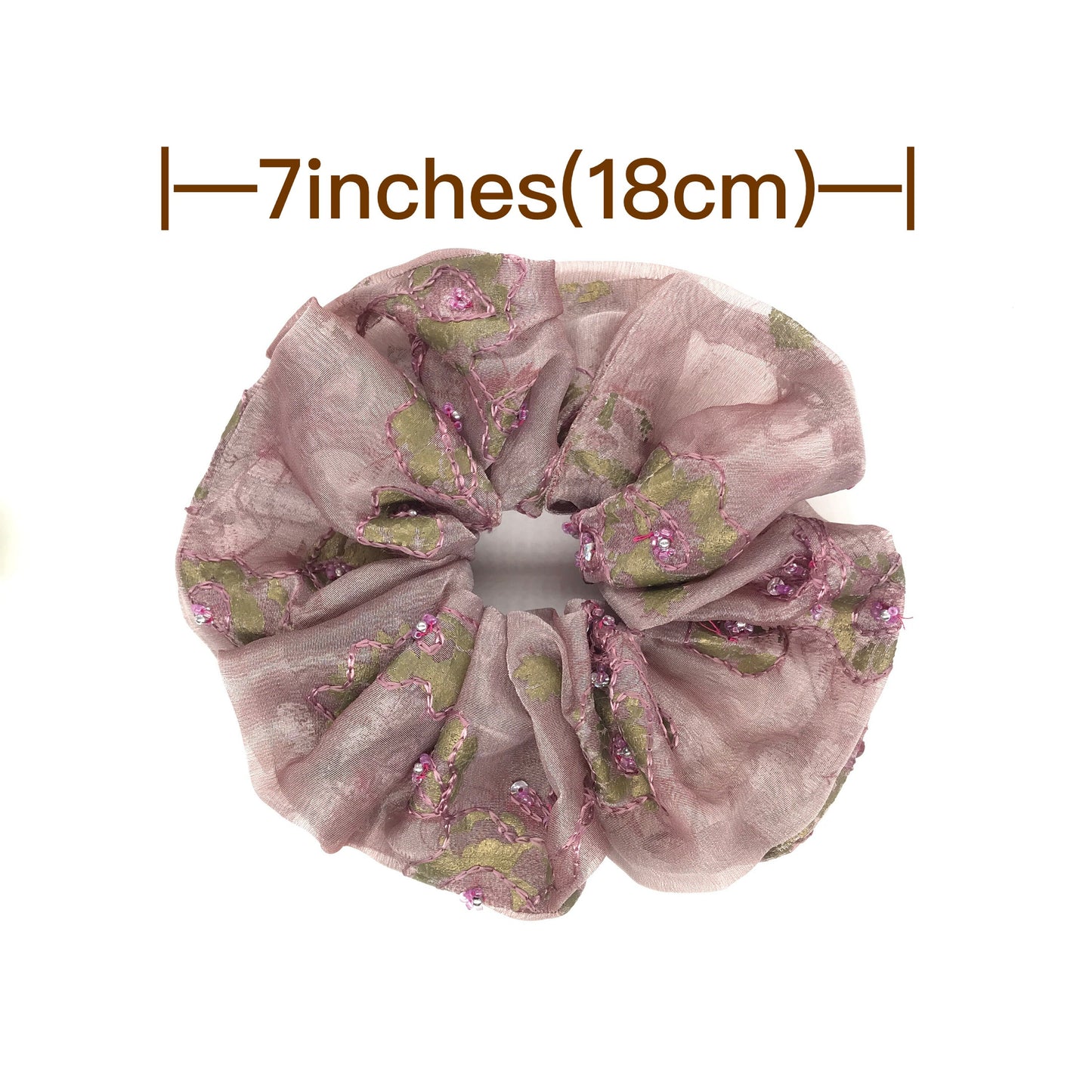 Crystal Scrunchies, Embroidered Fabric With Glitter And Beads, Ponytail Holders, Bun Holders, Rosy-brown, Gift For Her, Gift For Girl