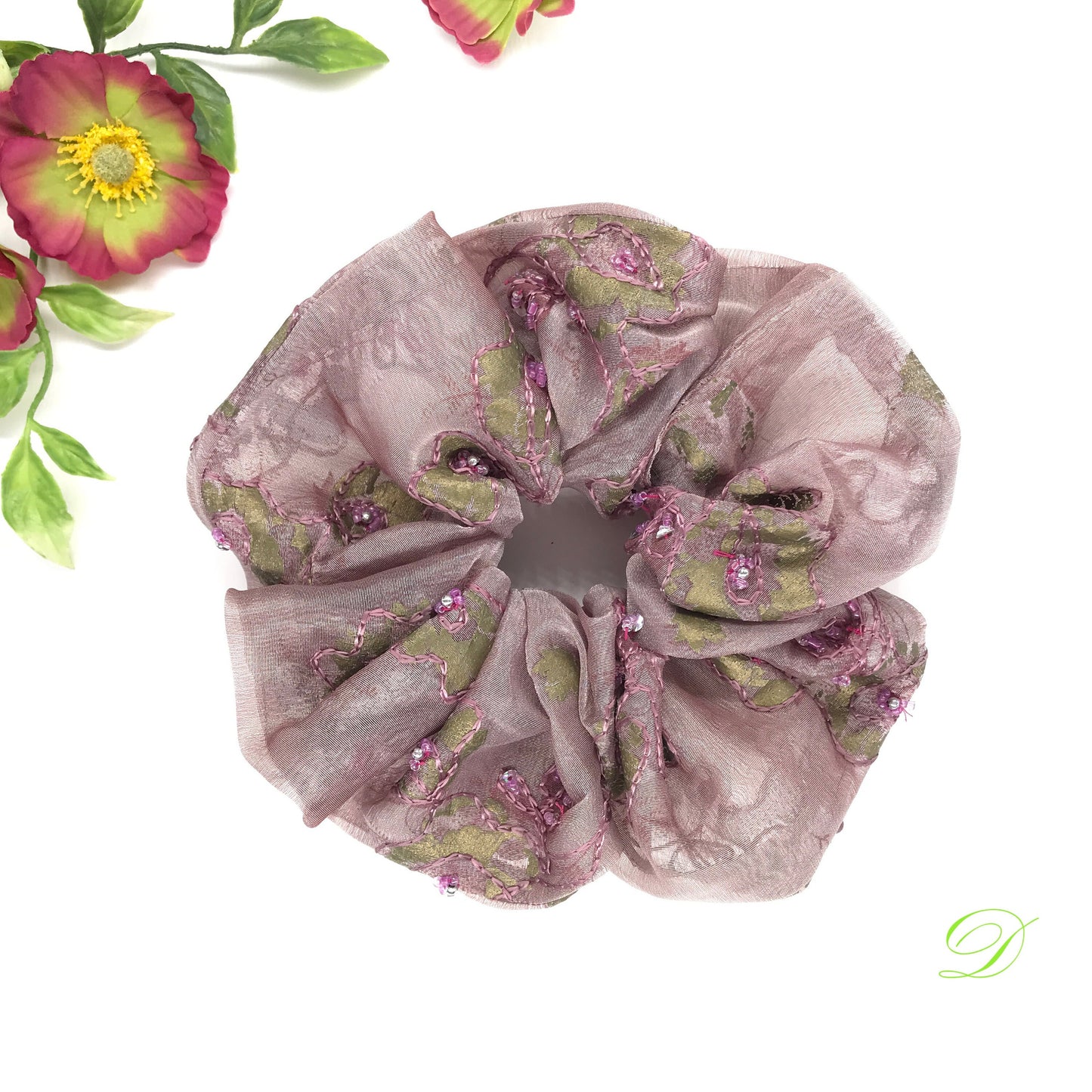 Crystal Scrunchies, Embroidered Fabric With Glitter And Beads, Ponytail Holders, Bun Holders, Rosy-brown, Gift For Her, Gift For Girl