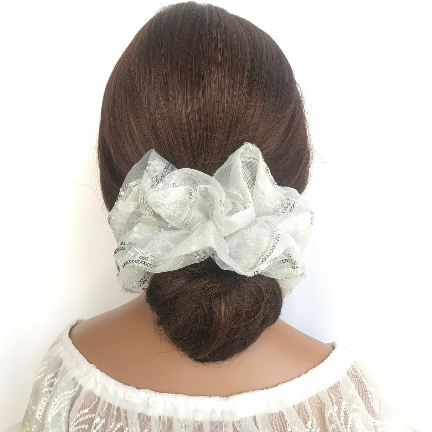 Crystal Scrunchies, Embroidered Fabric With Glitter, Ponytail Holders, Bun Holders, Unique Scrunchies, White, Gift For Women, Gift For Girl