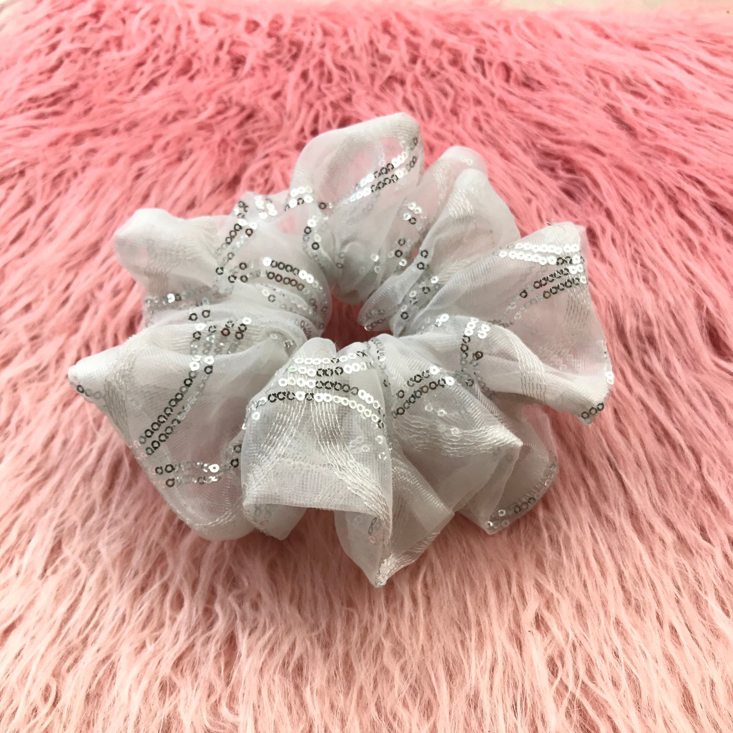 Crystal Scrunchies, Embroidered Fabric With Glitter, Ponytail Holders, Bun Holders, Unique Scrunchies, White, Gift For Women, Gift For Girl