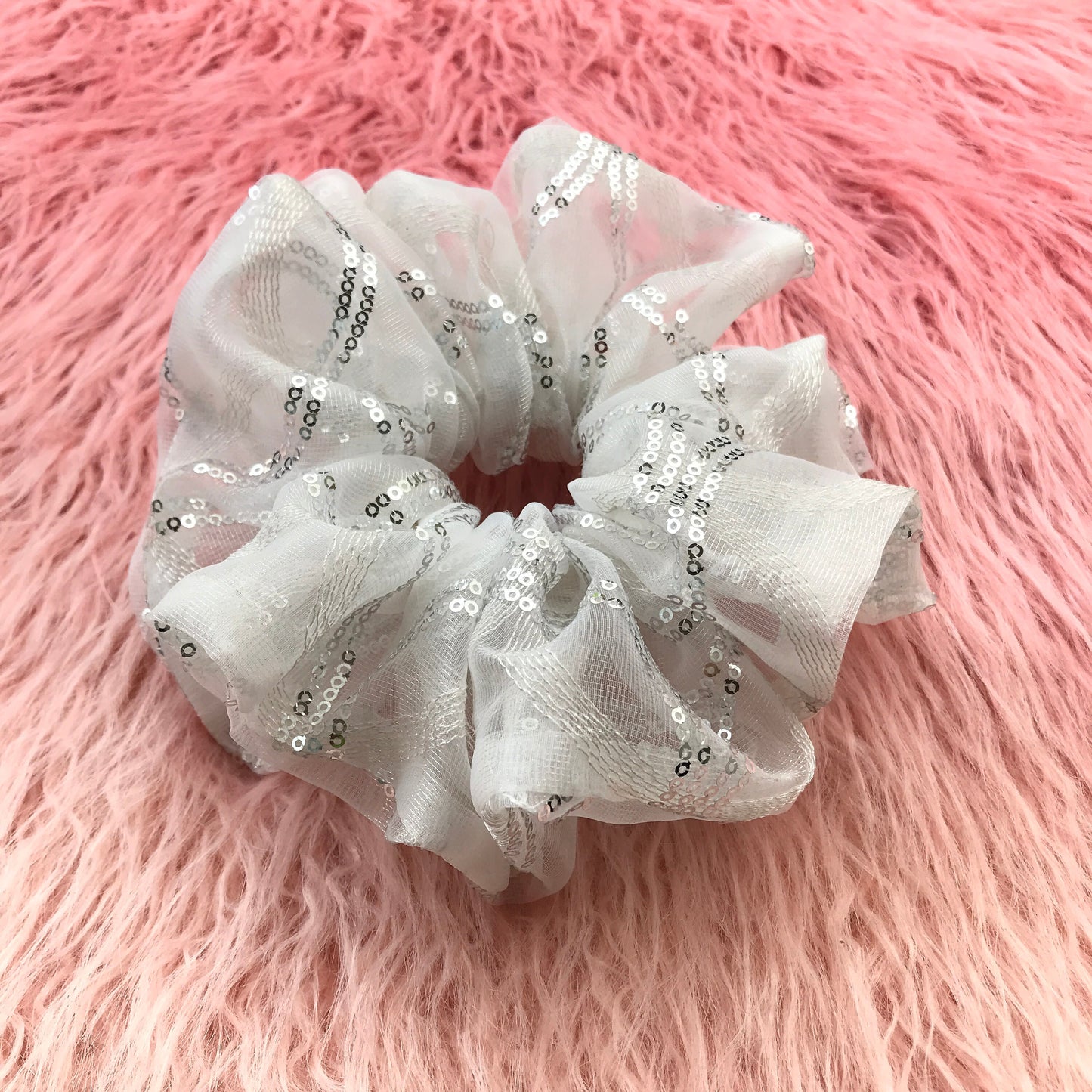 Crystal Scrunchies, Embroidered Fabric With Glitter, Ponytail Holders, Bun Holders, Unique Scrunchies, White, Gift For Women, Gift For Girl