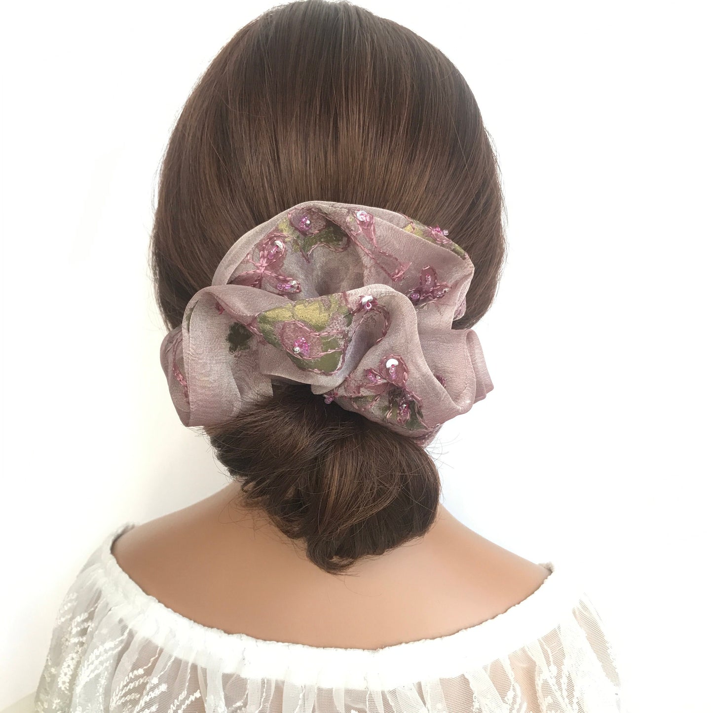 Crystal Scrunchies, Embroidered Fabric With Glitter And Beads, Ponytail Holders, Bun Holders, Rosy-brown, Gift For Her, Gift For Girl