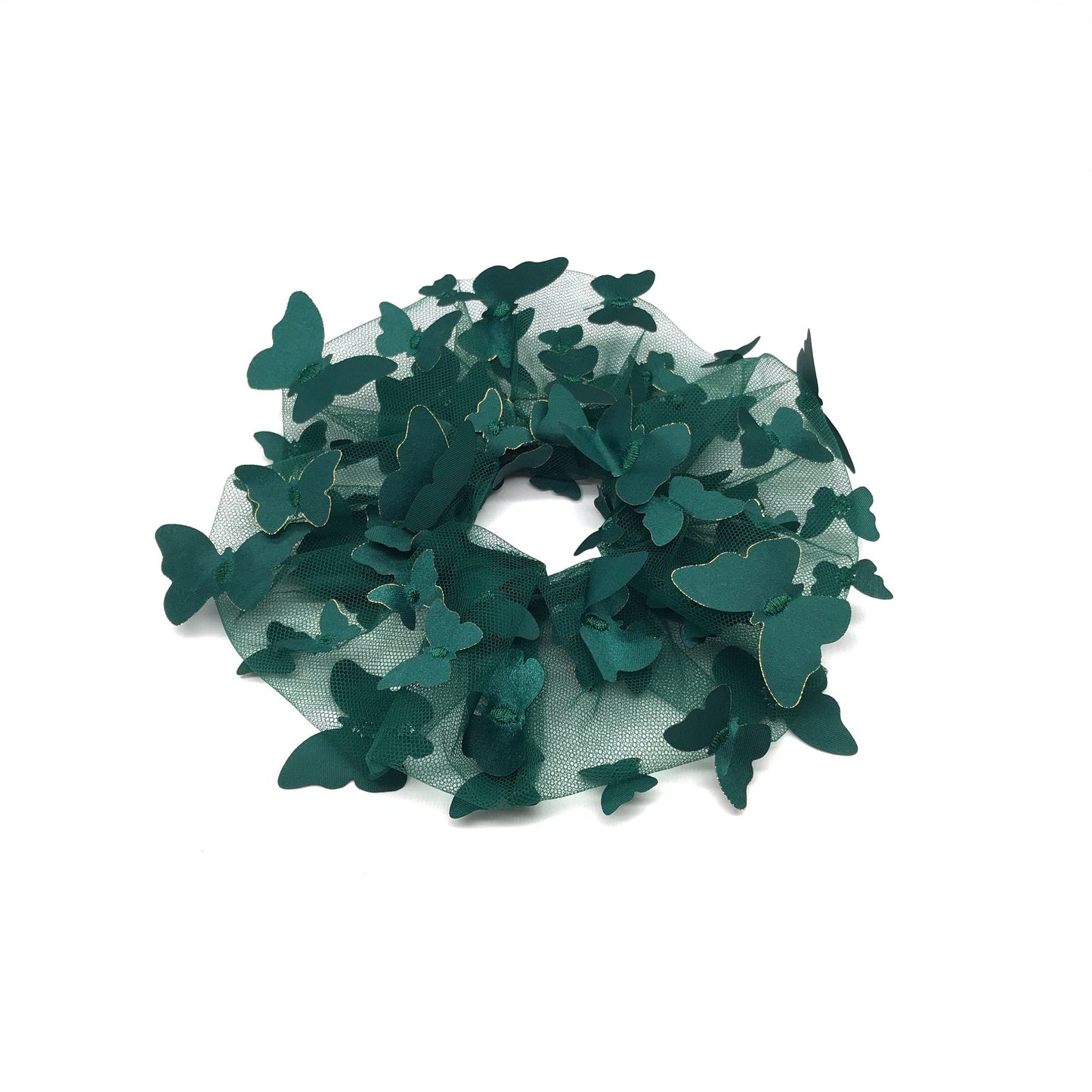 3D Butterfly Tulle Scrunchies Unique Hair Accessories Stylish Hair Ties Creative Ponytail Holder in Dark Green Golden Edge Butterfly Pattern