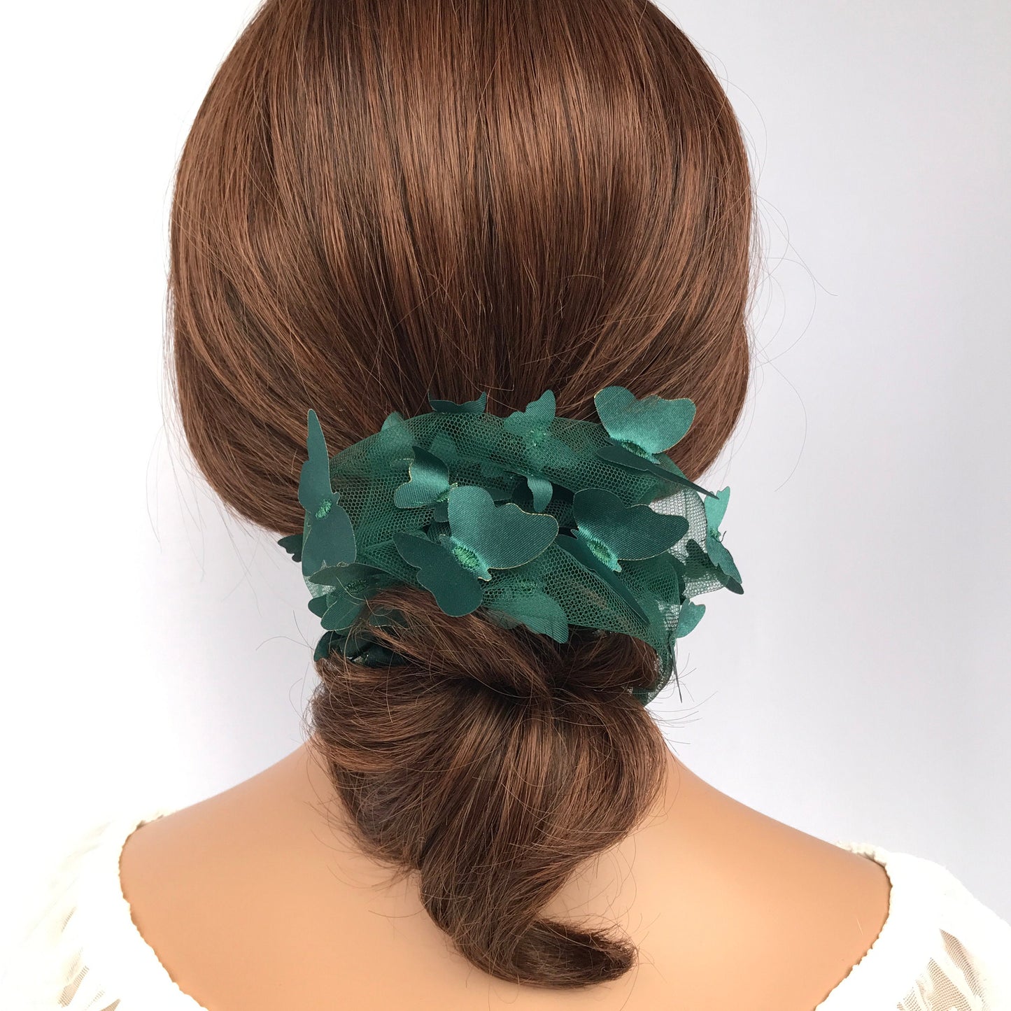 3D Butterfly Tulle Scrunchies Unique Hair Accessories Stylish Hair Ties Creative Ponytail Holder in Dark Green Golden Edge Butterfly Pattern