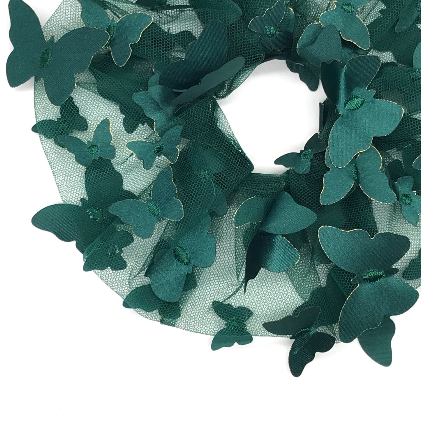 3D Butterfly Tulle Scrunchies Unique Hair Accessories Stylish Hair Ties Creative Ponytail Holder in Dark Green Golden Edge Butterfly Pattern