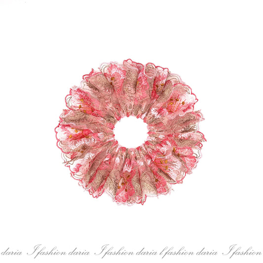 Daria L Floral Scrunchies Romantic Scrunchies Spring Scrunchies Coral Colors Embroidered Stylish Hair Ties Ponytail Holder Gift For Women