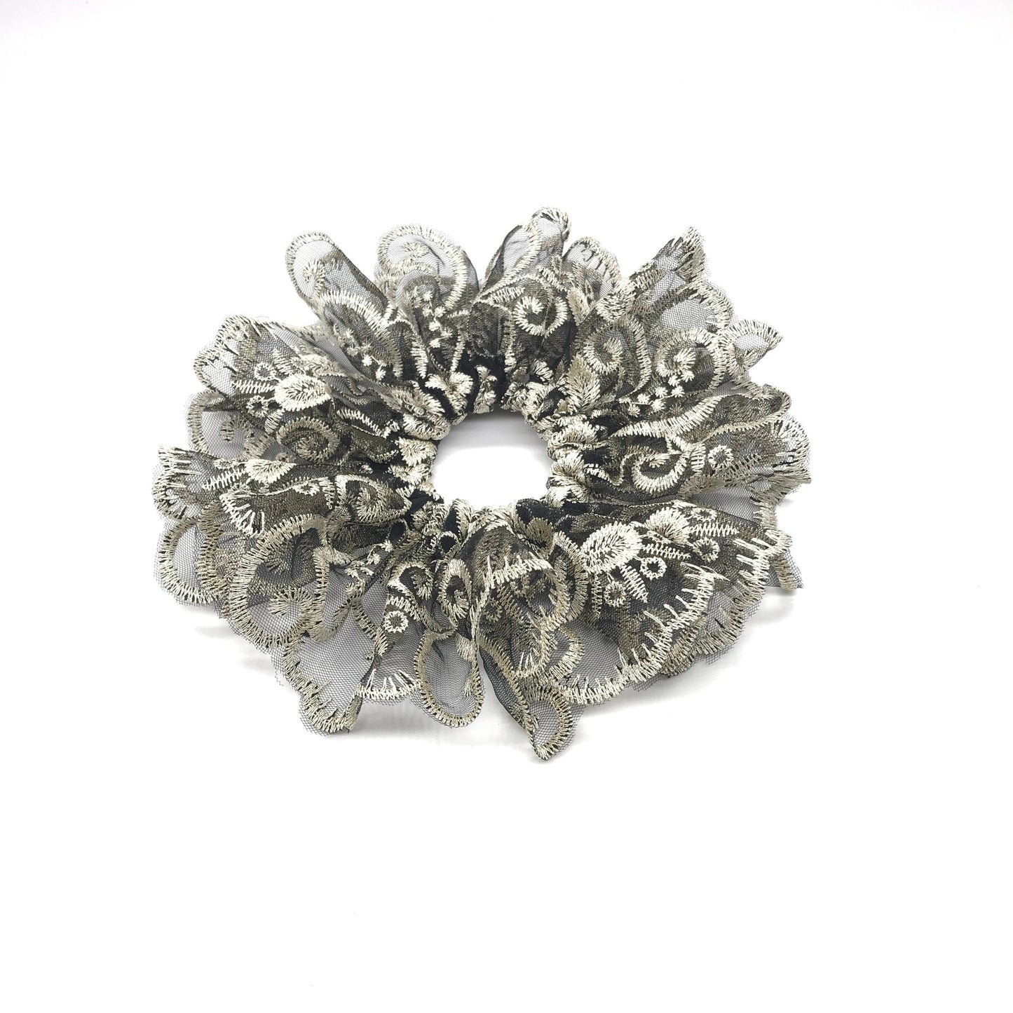 Luxurious Embroidered Scrunchies, Elegant Hair Accessories, Stylish Hair Ties, Feminine, Formal Wear, Creative Ponytails Holders in Black