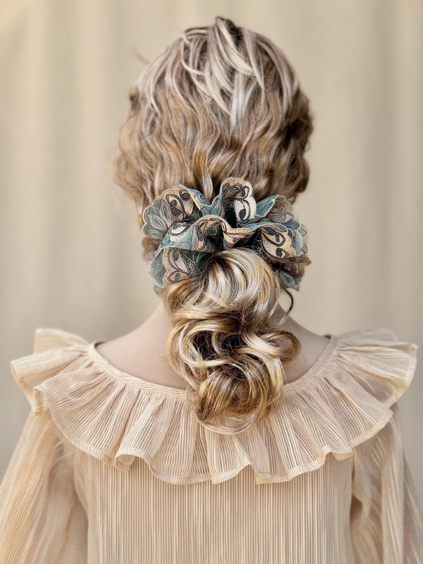 Luxurious Embroidered Scrunchies, Elegant Hair Accessories, Stylish Hair Ties, Formal Wear, Creative Ponytails Holders in Turquoise Color