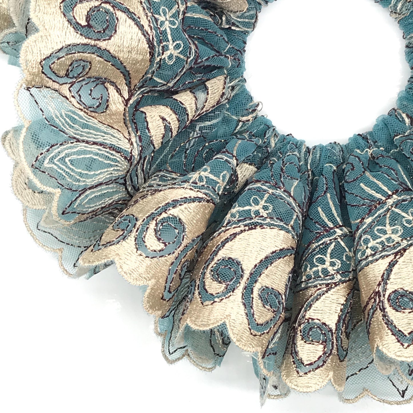 Luxurious Embroidered Scrunchies, Elegant Hair Accessories, Stylish Hair Ties, Formal Wear, Creative Ponytails Holders in Turquoise Color