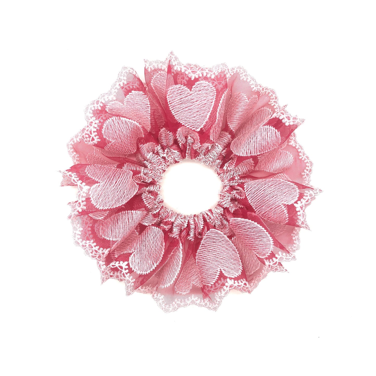 Luxurious Embroidered Scrunchies with Heart Patterns, Attractive Hair Accessories, Stylish Hair Ties, Creative Ponytail Holders in Ruby