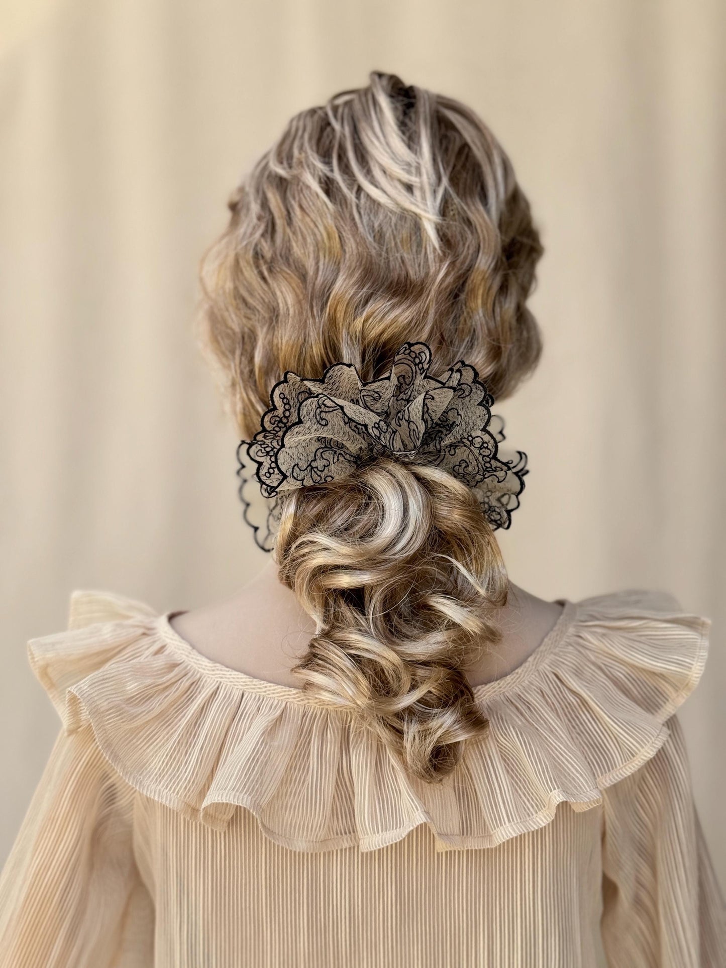 Crystal Embroidered Scrunchies, Feminine, Bar Fits Hair Accessories, Stylish Hair Ties, Creative Ponytail Holders in Champagne Black Color