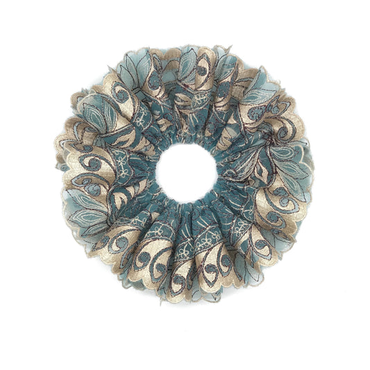 Luxurious Embroidered Scrunchies, Elegant Hair Accessories, Stylish Hair Ties, Formal Wear, Creative Ponytails Holders in Turquoise Color