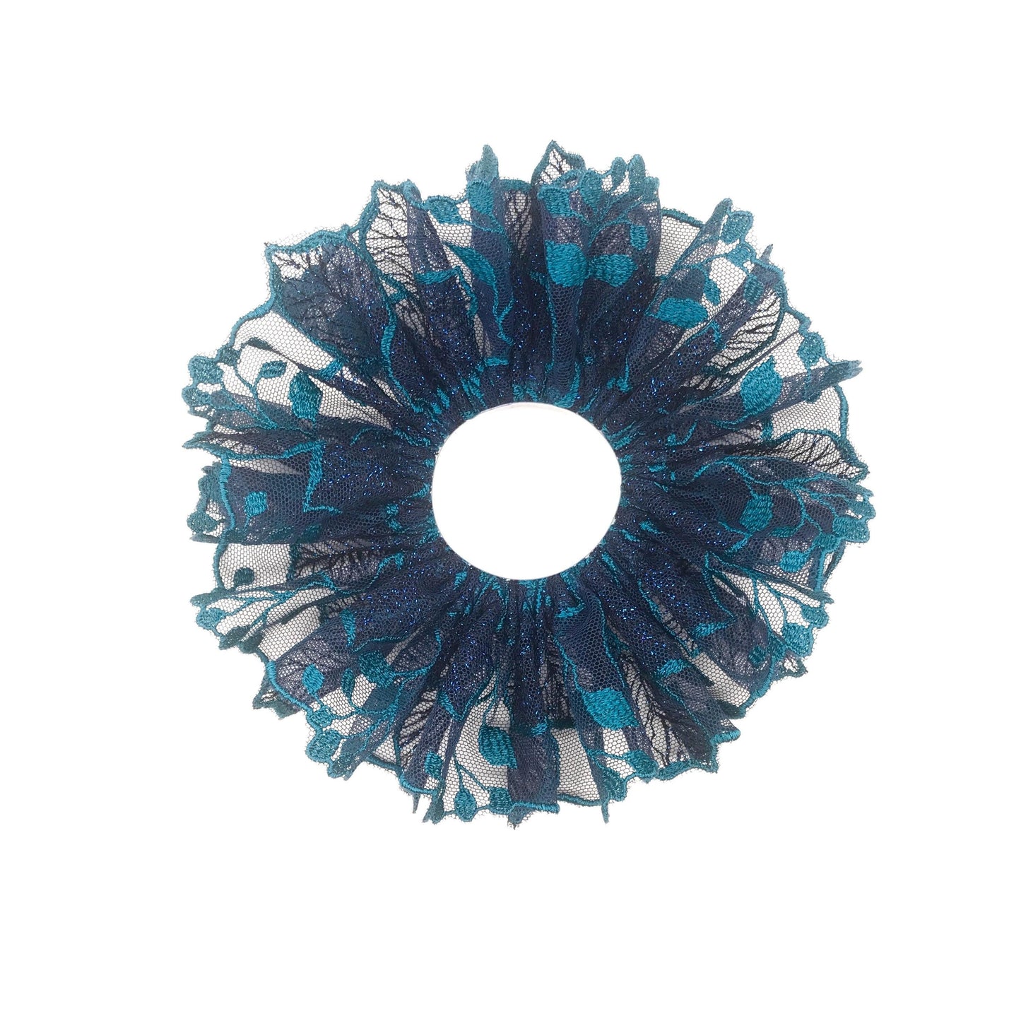 Luxurious Embroidered Scrunchies, Feminine, Elegant Hair Accessories, Stylish Hair Ties, Creative Ponytail Holders in Blue Turquoise Color