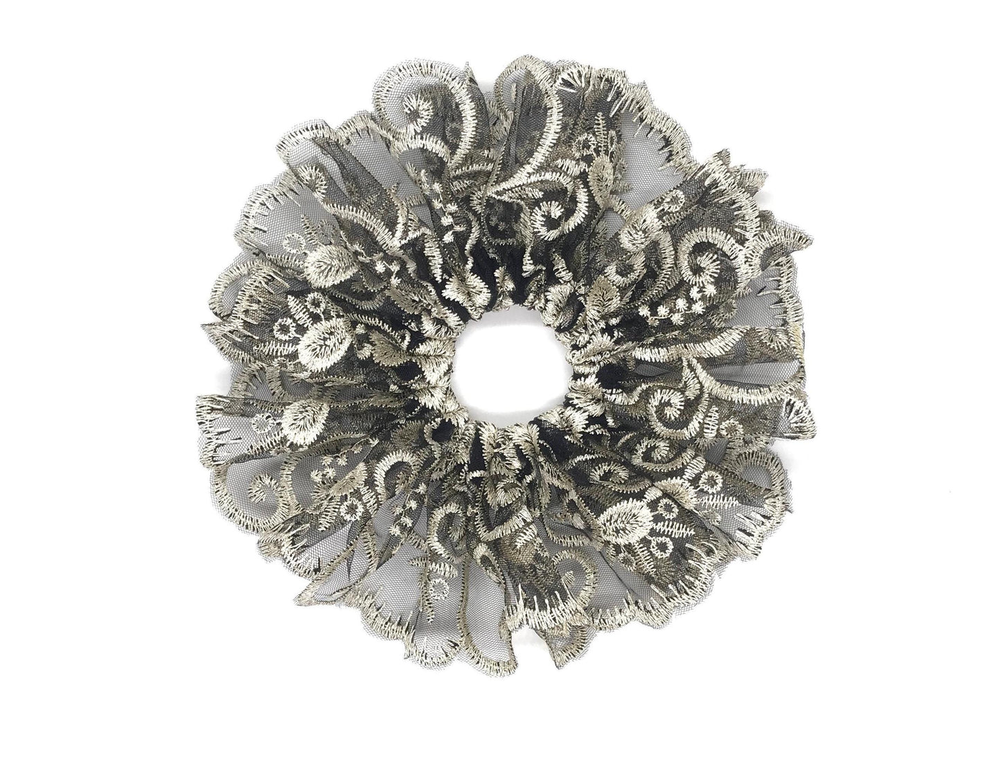 Luxurious Embroidered Scrunchies, Elegant Hair Accessories, Stylish Hair Ties, Feminine, Formal Wear, Creative Ponytails Holders in Black