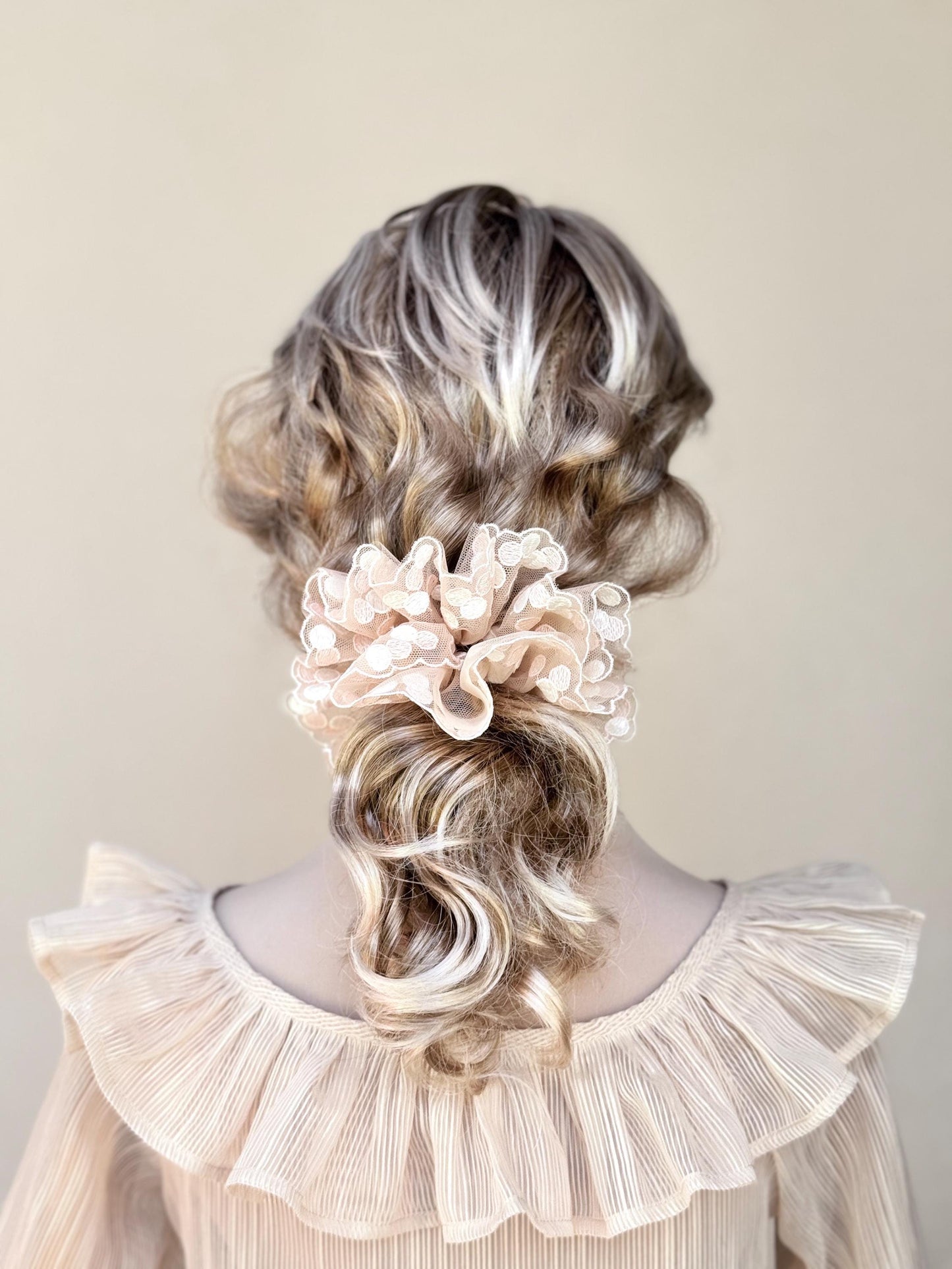 Formal Scrunchies, Date Wear, Romantic Gifts, Polka Dot Hair Accessories, Stylish Hair Ties, Creative Ponytails and Bun Holders in Tan Color