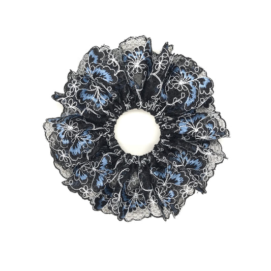 Floral Scrunchies, Formal Wear, Church, Matured, Elegant Hair Accessories, Stylish Hair Ties, Creative Ponytail Holders in Black Blue Color