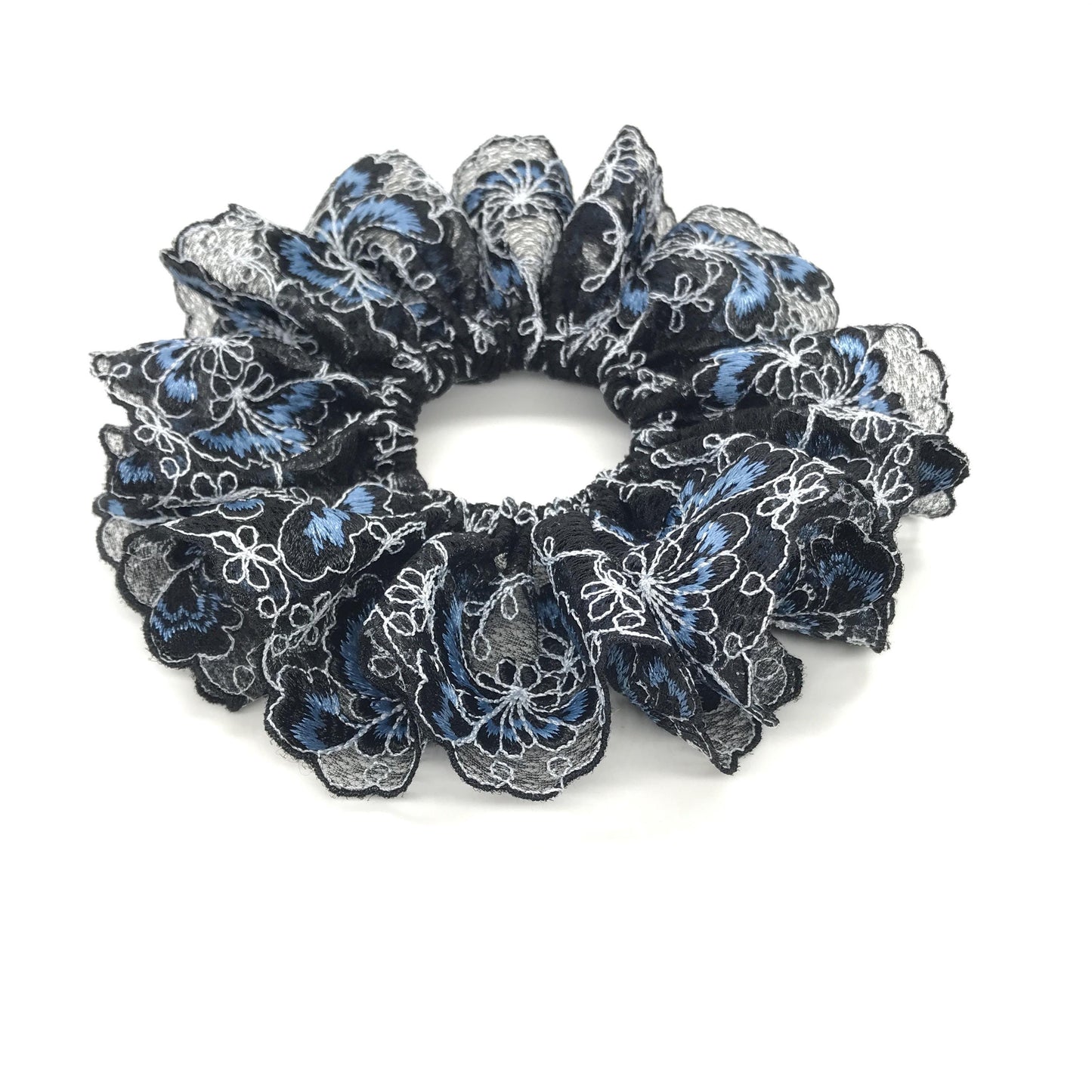 Floral Scrunchies, Formal Wear, Church, Matured, Elegant Hair Accessories, Stylish Hair Ties, Creative Ponytail Holders in Black Blue Color