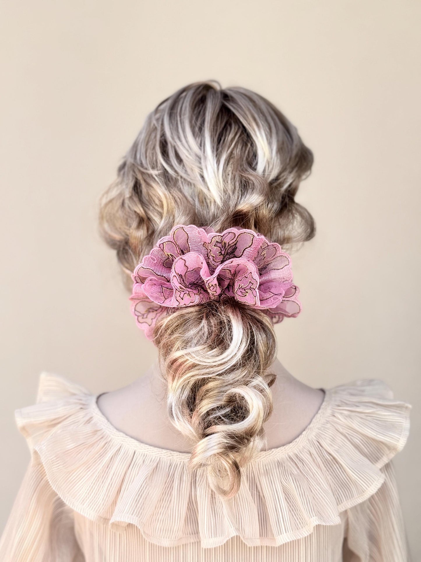 Luxurious Scrunchies, Floral Scrunchy, Quietly Elegant Hair Accessories, Stylish Hair Ties, Creative Ponytails Holders in Rosepink Color