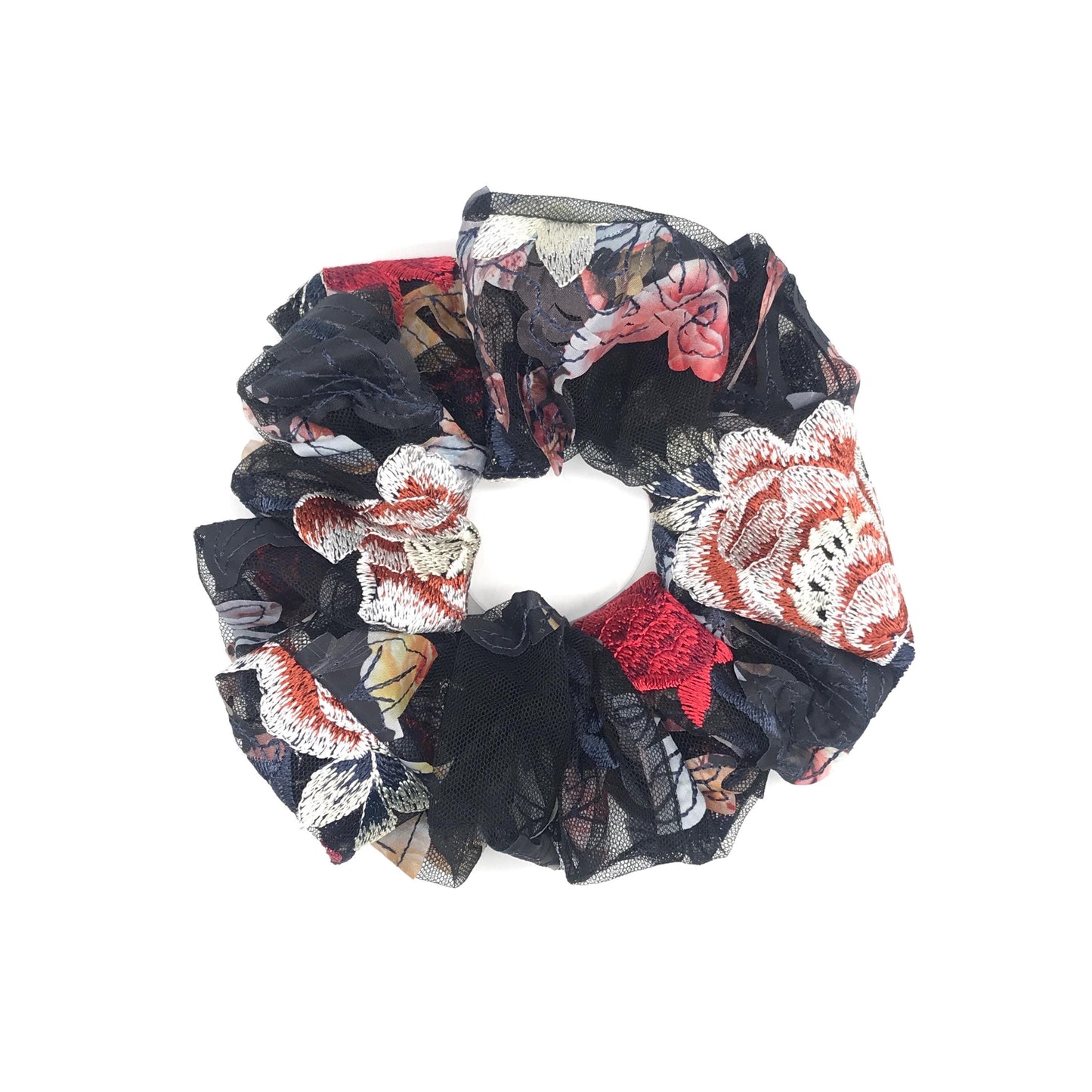 Floral Scrunchies, 3D Embroidered, Gorgeous Daily Party Bar Wear, Pretty Ponytail Bun Holders, Stylish Hair Accessories in Dark Multi-Color