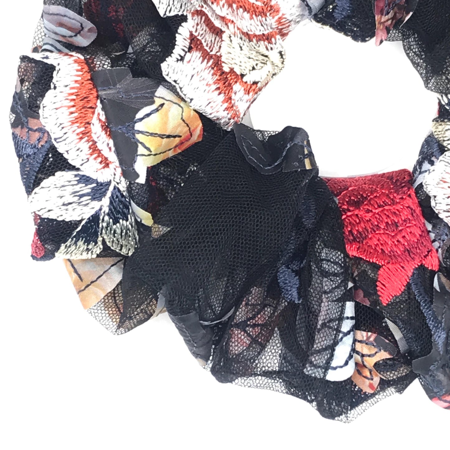 Floral Scrunchies, 3D Embroidered, Gorgeous Daily Party Bar Wear, Pretty Ponytail Bun Holders, Stylish Hair Accessories in Dark Multi-Color