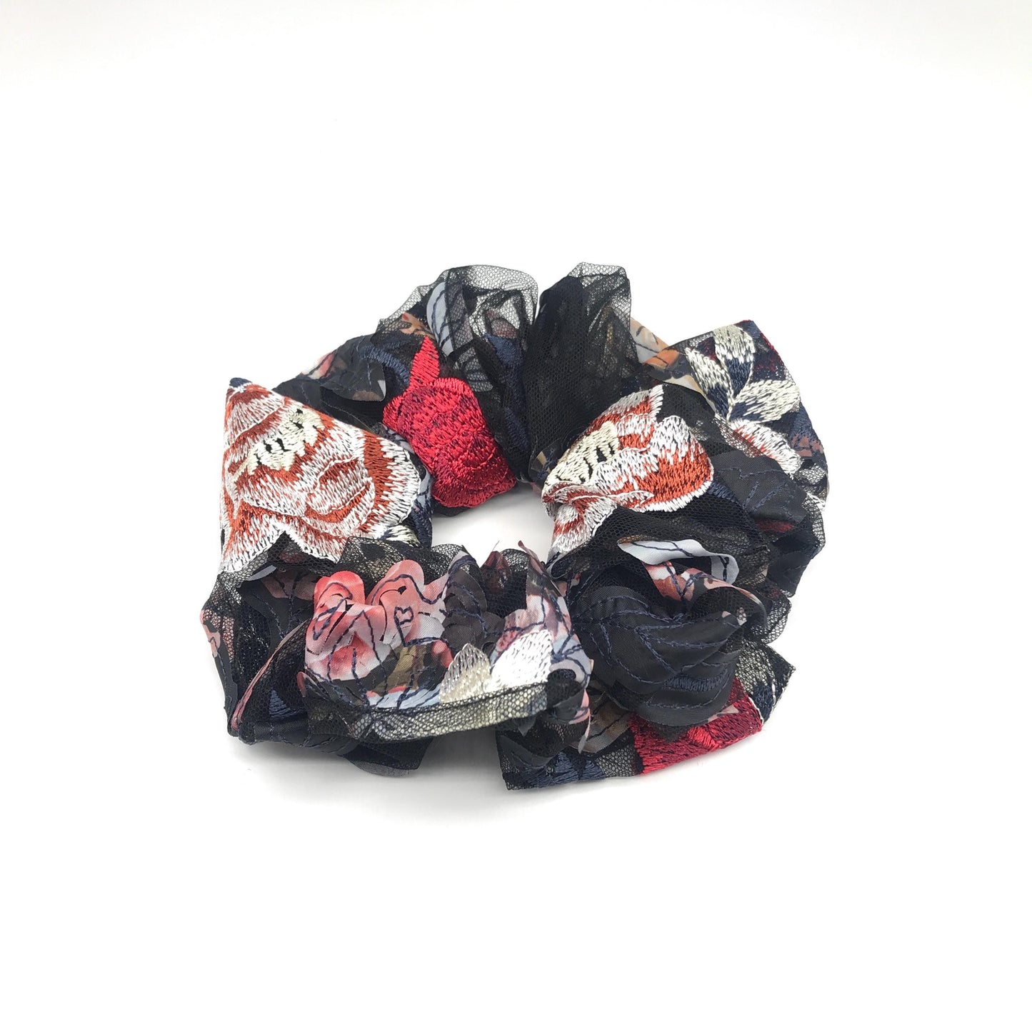 Floral Scrunchies, 3D Embroidered, Gorgeous Daily Party Bar Wear, Pretty Ponytail Bun Holders, Stylish Hair Accessories in Dark Multi-Color