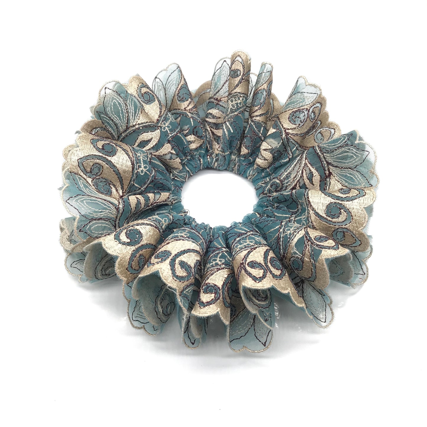 Luxurious Embroidered Scrunchies, Elegant Hair Accessories, Stylish Hair Ties, Formal Wear, Creative Ponytails Holders in Turquoise Color