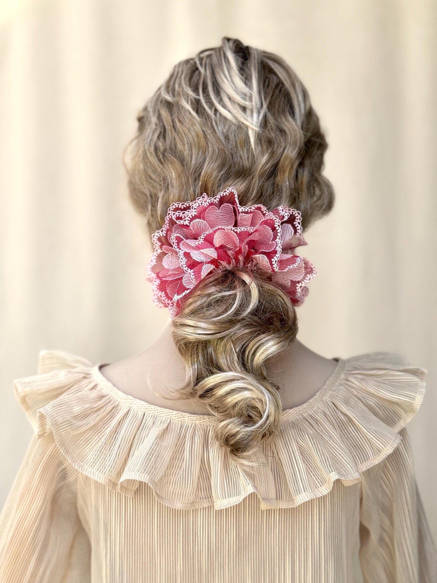 Luxurious Embroidered Scrunchies with Heart Patterns, Attractive Hair Accessories, Stylish Hair Ties, Creative Ponytail Holders in Ruby