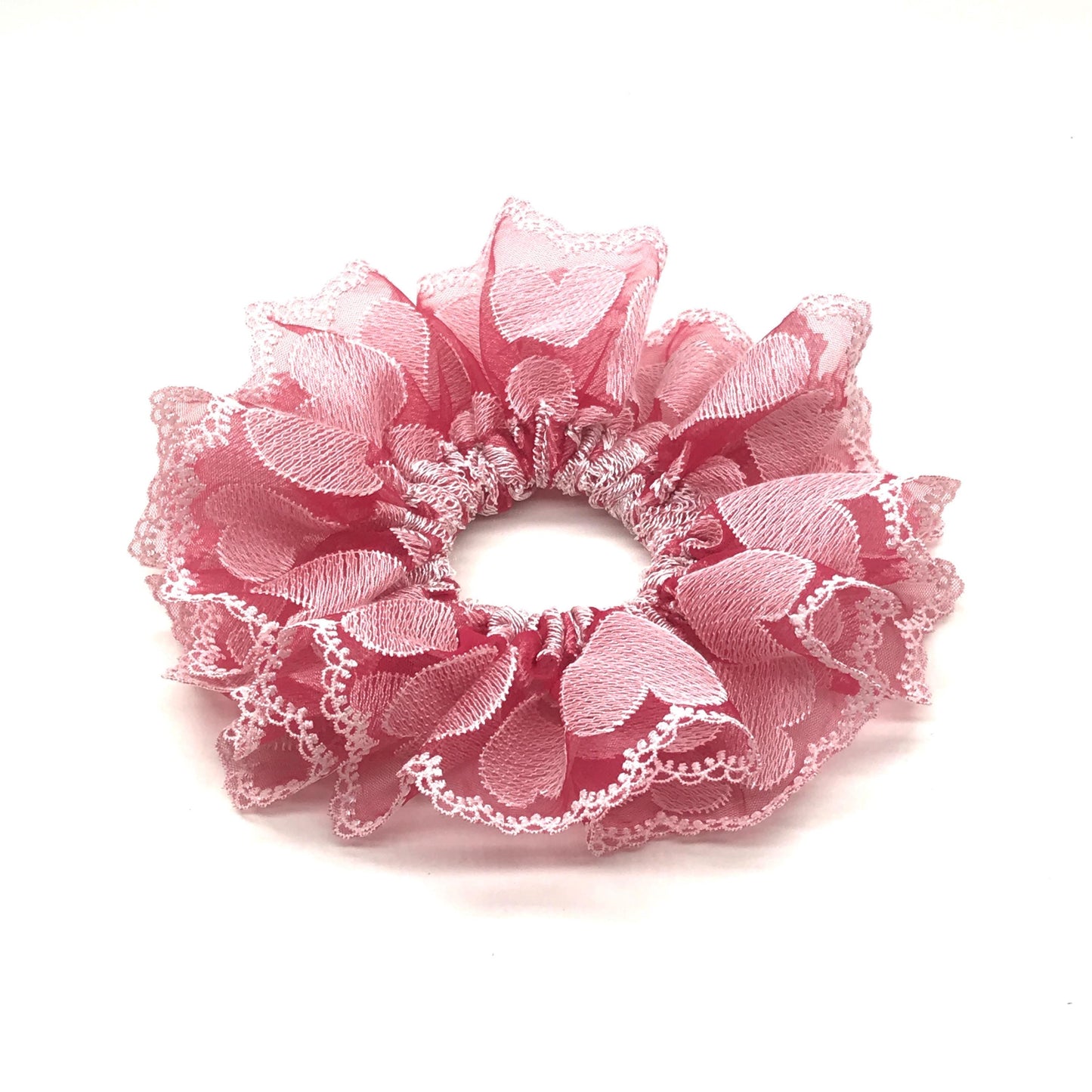 Luxurious Embroidered Scrunchies with Heart Patterns, Attractive Hair Accessories, Stylish Hair Ties, Creative Ponytail Holders in Ruby