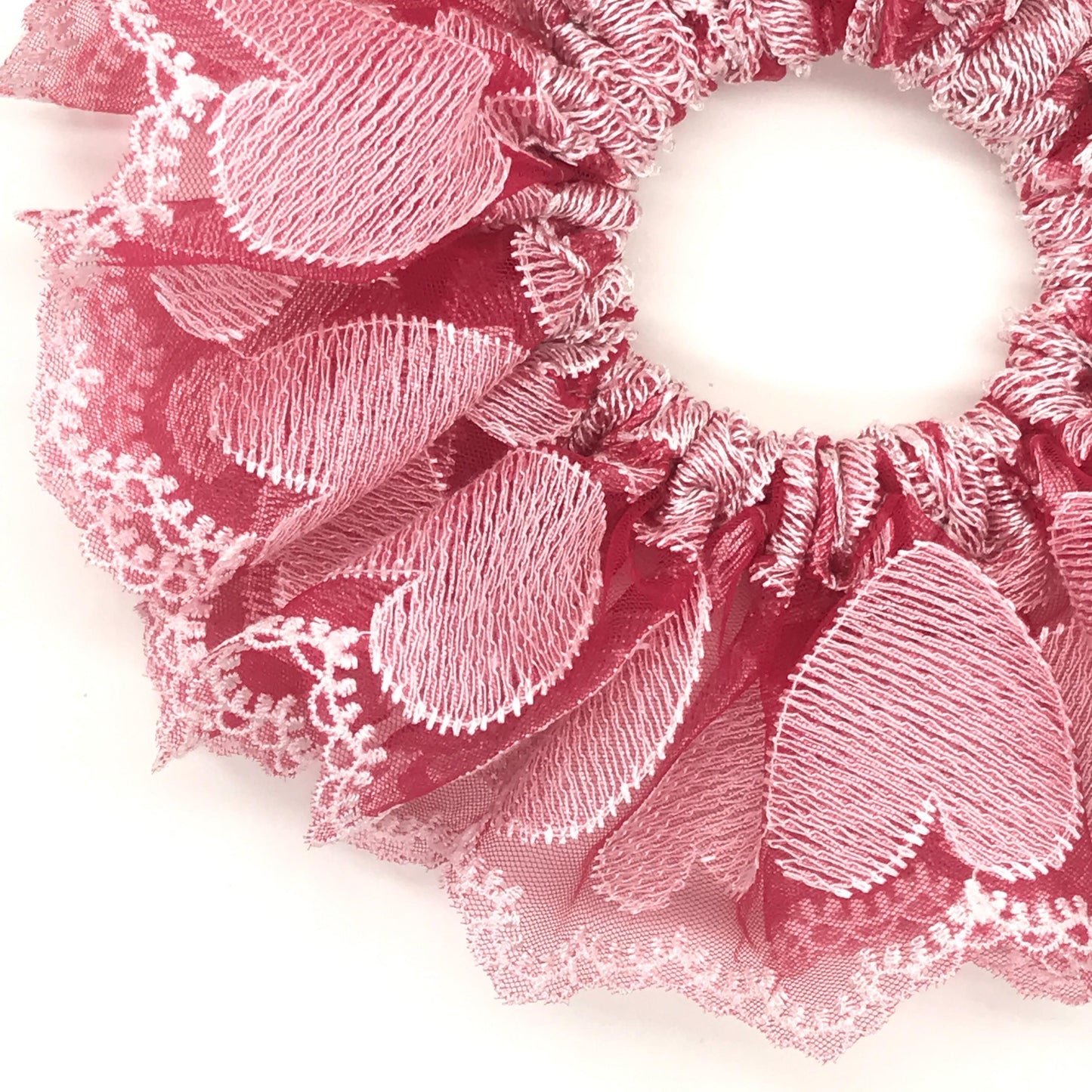 Luxurious Embroidered Scrunchies with Heart Patterns, Attractive Hair Accessories, Stylish Hair Ties, Creative Ponytail Holders in Ruby