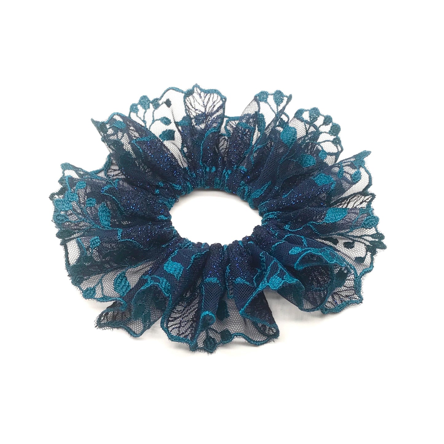 Luxurious Embroidered Scrunchies, Feminine, Elegant Hair Accessories, Stylish Hair Ties, Creative Ponytail Holders in Blue Turquoise Color
