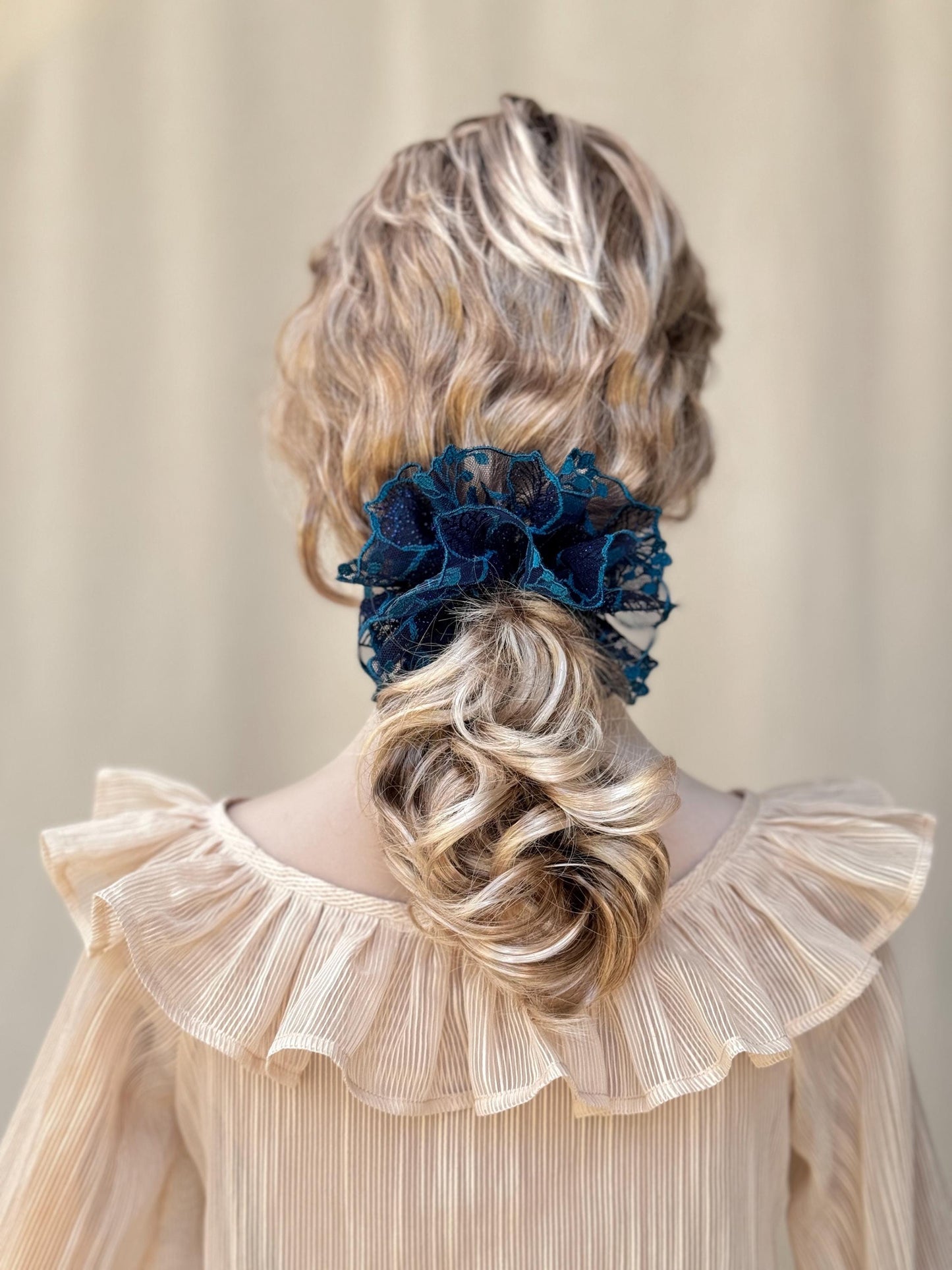 Luxurious Embroidered Scrunchies, Feminine, Elegant Hair Accessories, Stylish Hair Ties, Creative Ponytail Holders in Blue Turquoise Color