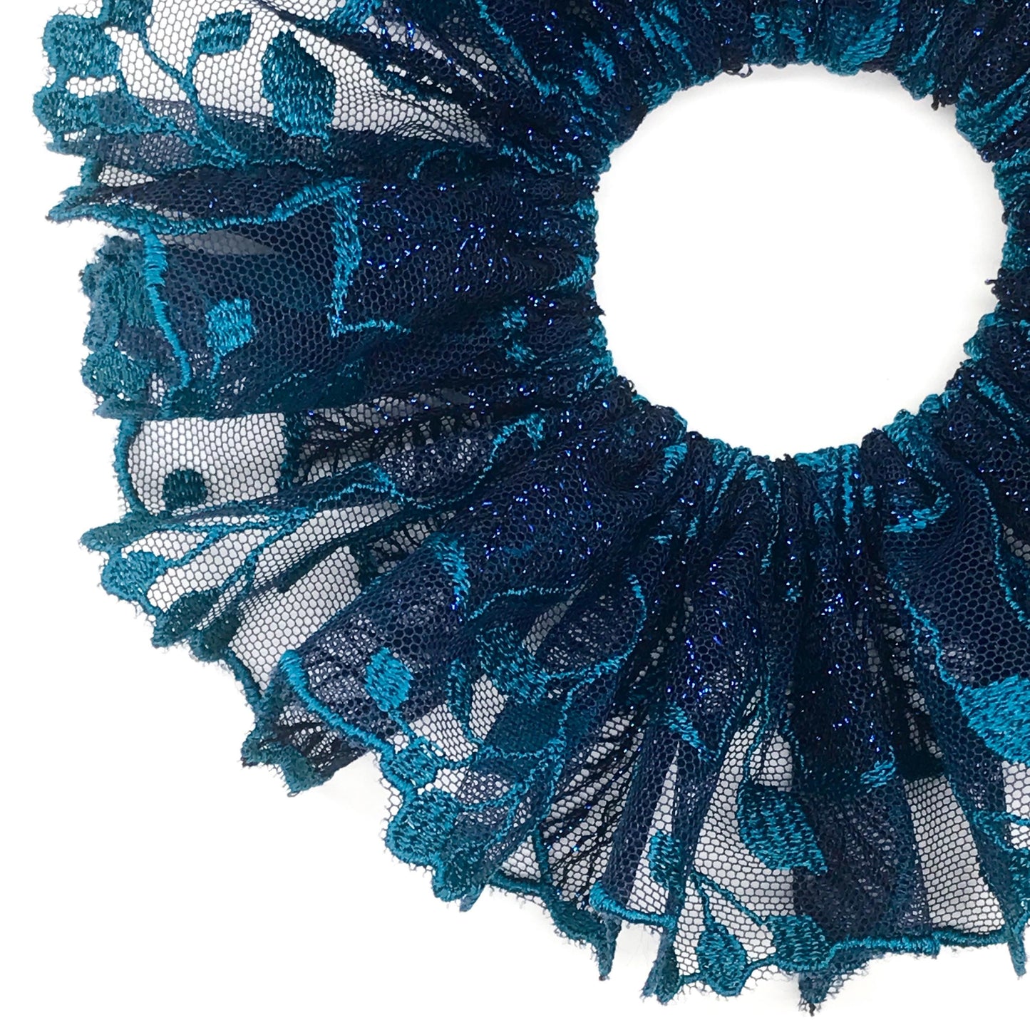 Luxurious Embroidered Scrunchies, Feminine, Elegant Hair Accessories, Stylish Hair Ties, Creative Ponytail Holders in Blue Turquoise Color