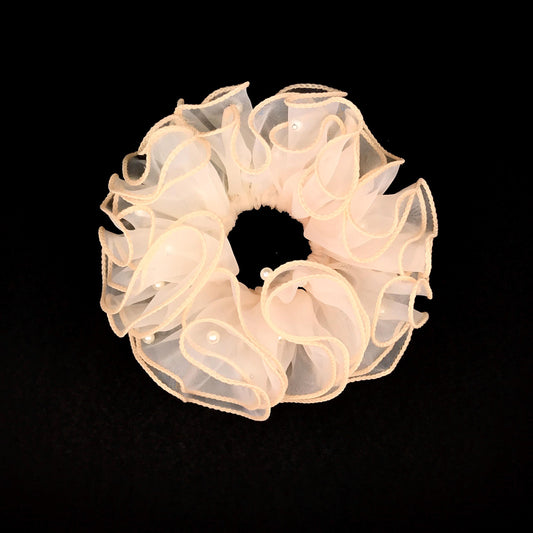 Unique Scrunchies Wavy Edge Artificial Pearls Attached Multilayer Pretty Ponytail Holder Fancy Hair Ties Stylish Hair Accessories in Apricot