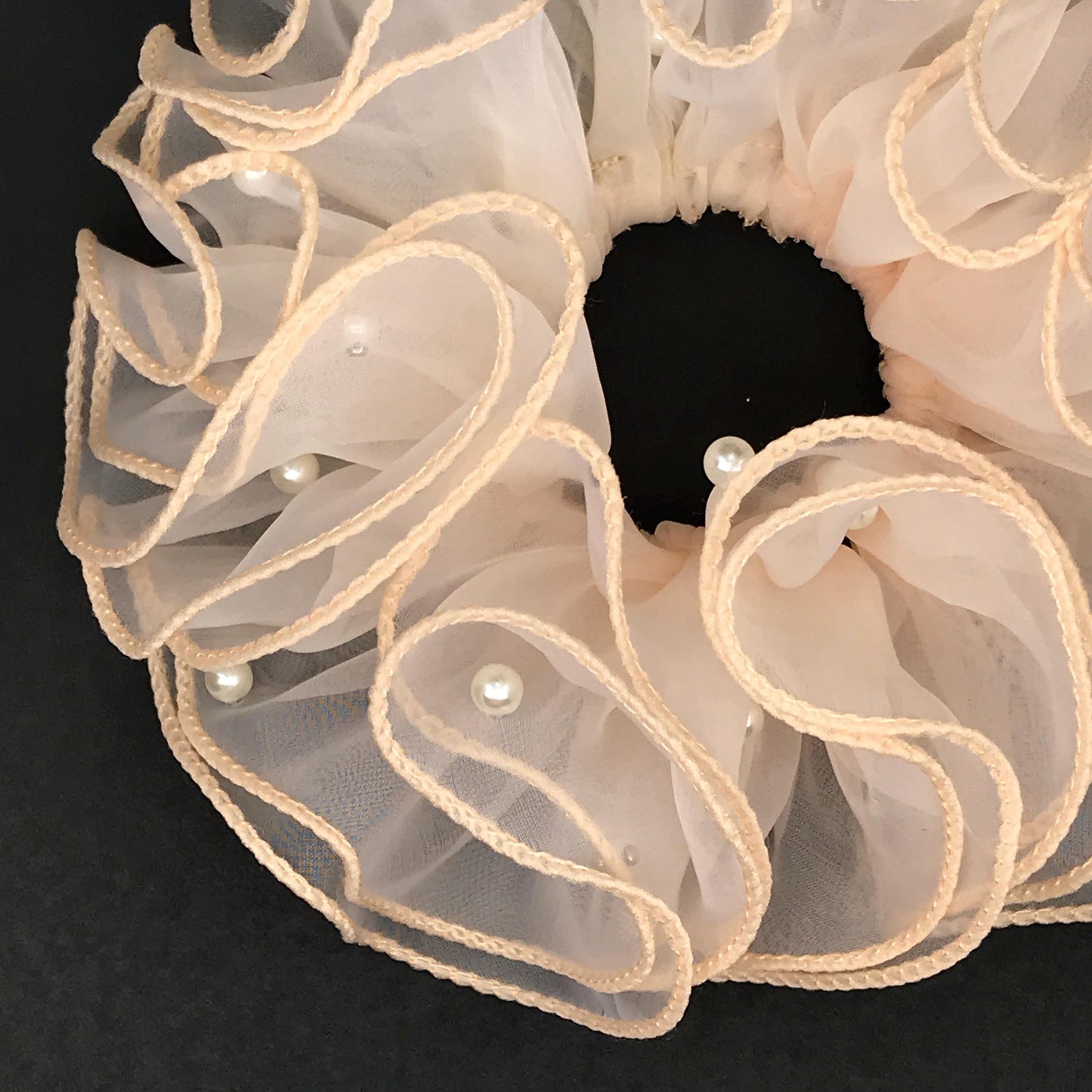 Unique Scrunchies Wavy Edge Artificial Pearls Attached Multilayer Pretty Ponytail Holder Fancy Hair Ties Stylish Hair Accessories in Apricot