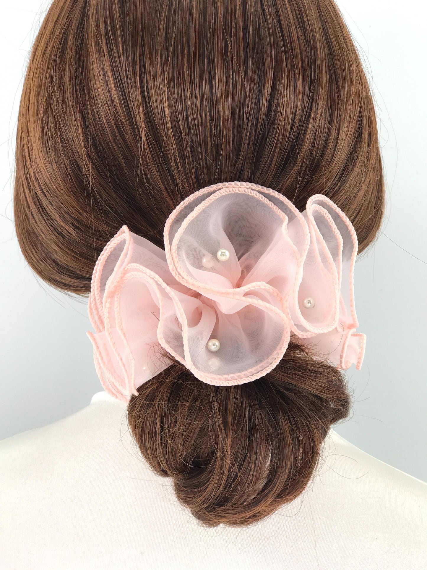 Unique Scrunchies Wavy Edge Artificial Pearls Attached Multilayer Pretty Ponytail Holders Fancy Hair Ties Stylish Hair Accessories in Pink