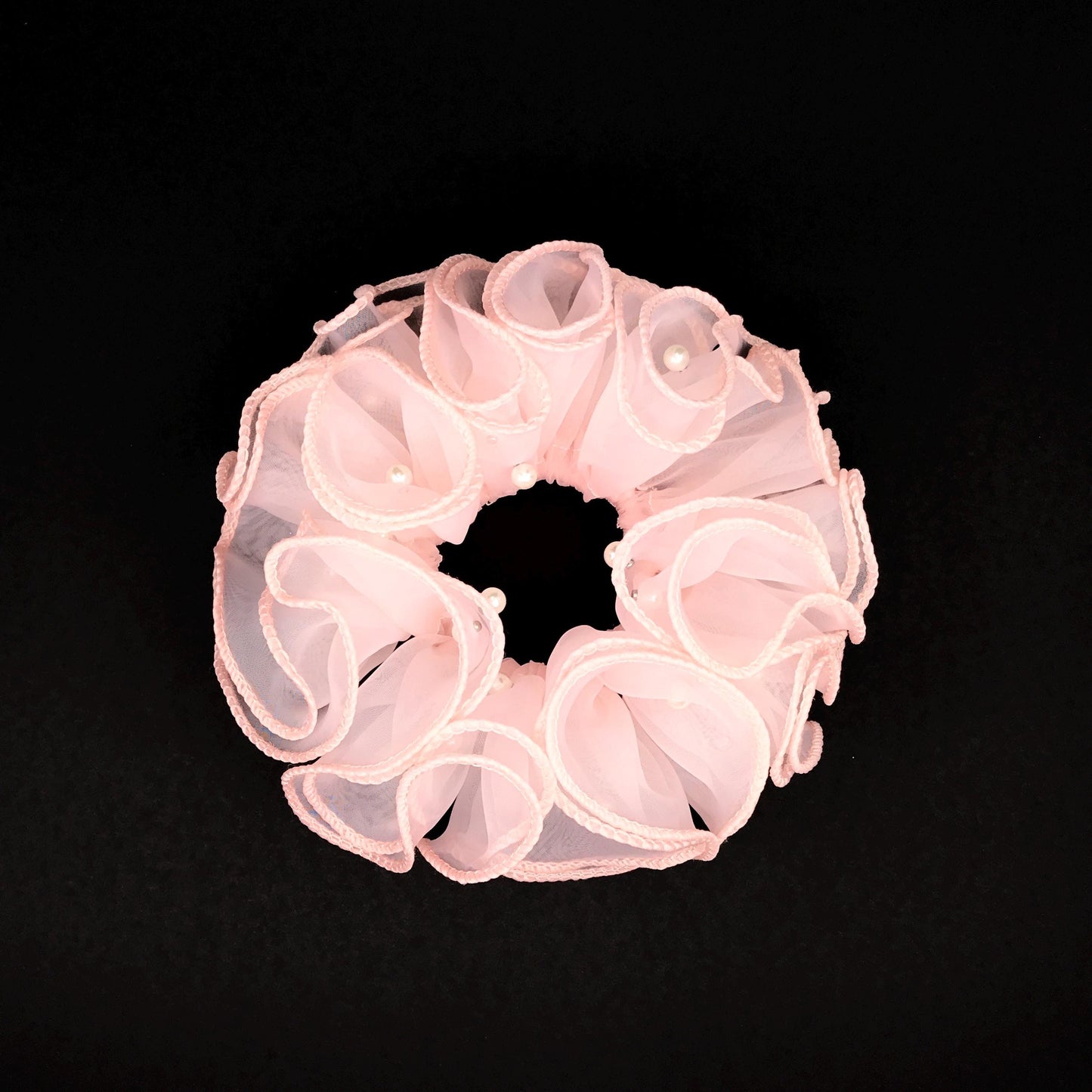 Unique Scrunchies Wavy Edge Artificial Pearls Attached Multilayer Pretty Ponytail Holders Fancy Hair Ties Stylish Hair Accessories in Pink