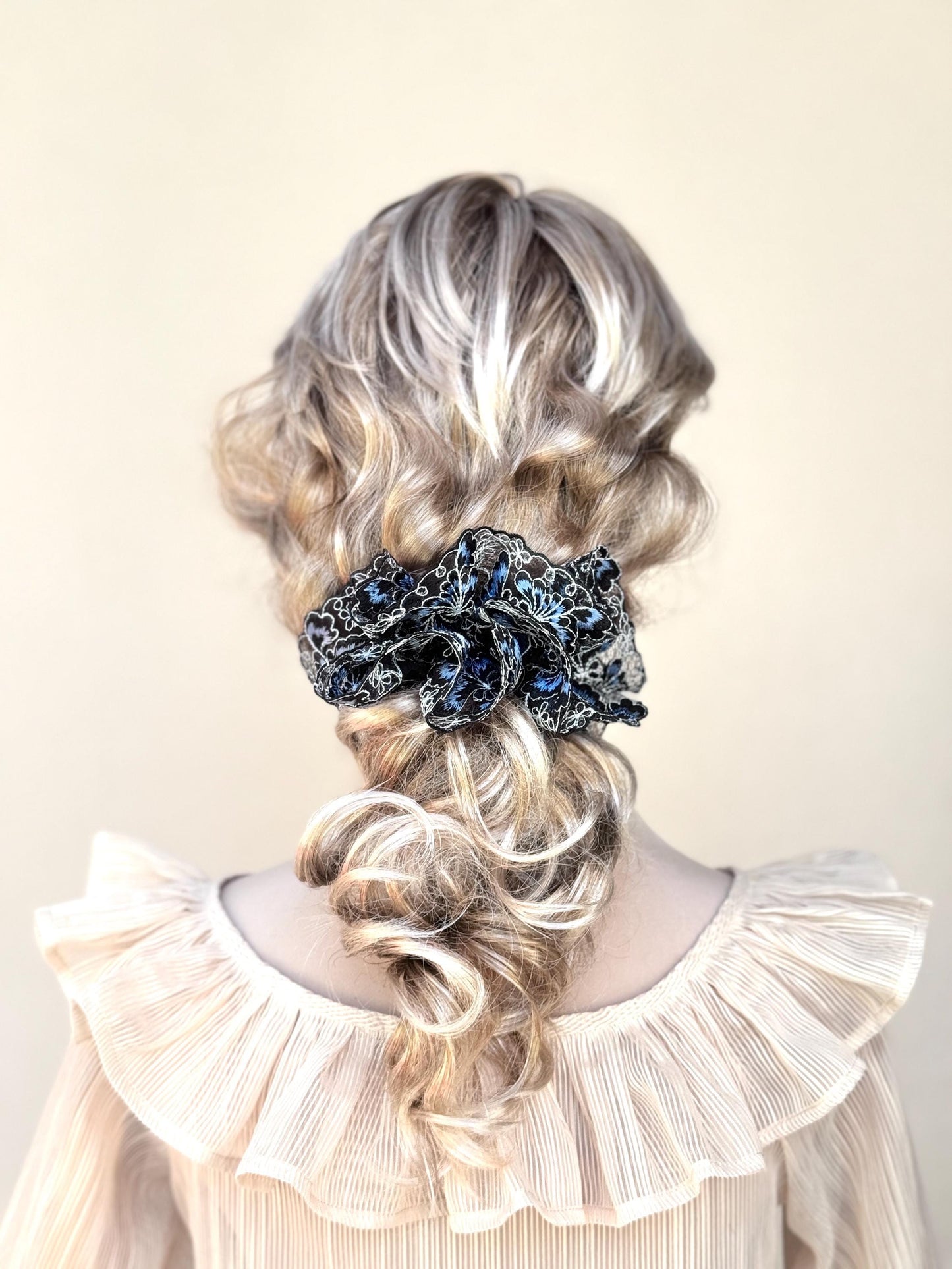 Floral Scrunchies, Formal Wear, Church, Matured, Elegant Hair Accessories, Stylish Hair Ties, Creative Ponytail Holders in Black Blue Color