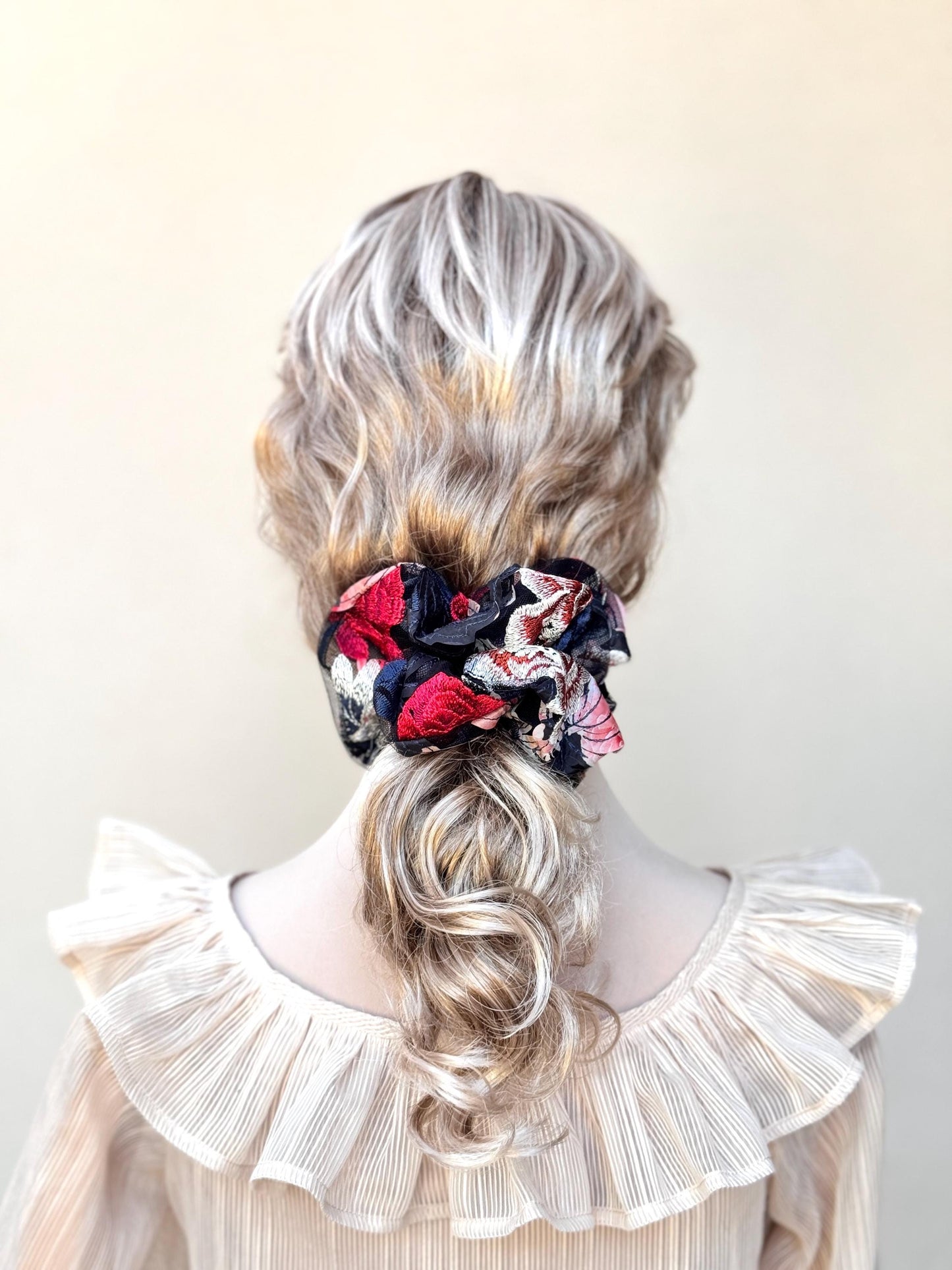 Floral Scrunchies, 3D Embroidered, Gorgeous Daily Party Bar Wear, Pretty Ponytail Bun Holders, Stylish Hair Accessories in Dark Multi-Color