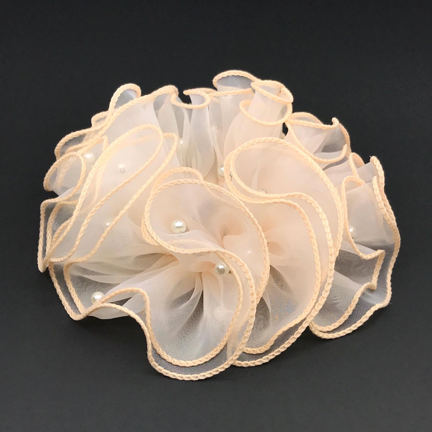 Unique Scrunchies Wavy Edge Artificial Pearls Attached Multilayer Pretty Ponytail Holder Fancy Hair Ties Stylish Hair Accessories in Apricot