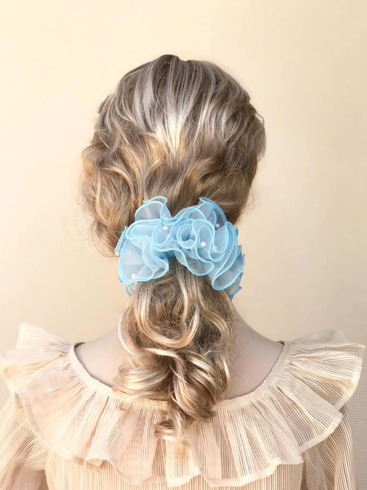 Unique Scrunchies Wavy Edge Artificial Pearls Attached Multilayer  Pretty Ponytail Holders Fancy Hair Ties Stylish Hair Accessories in Blue